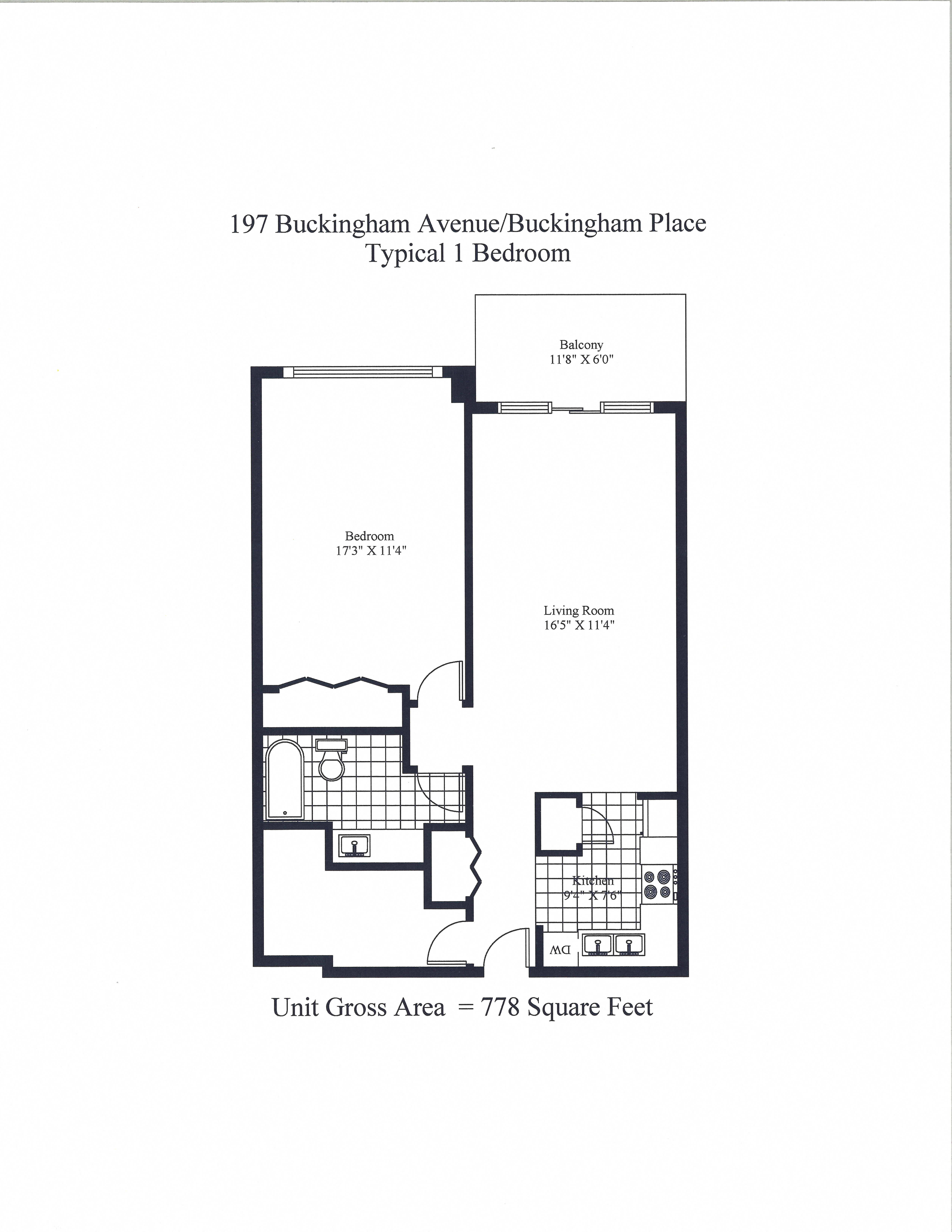 Floor plan for 1 bed, 1 bath, 778 sqft