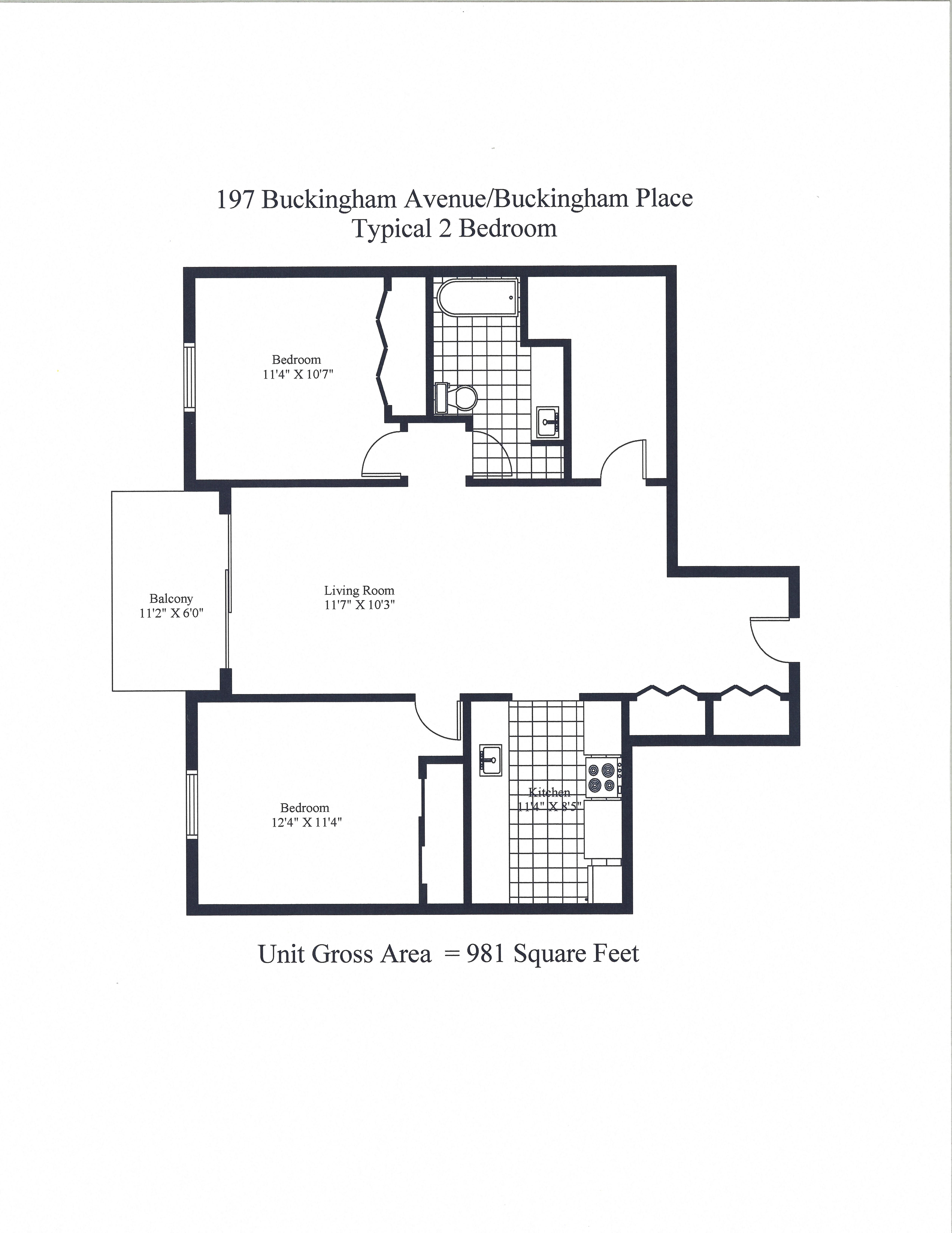 Floor plan for 2 beds, 1 bath, 990 sqft