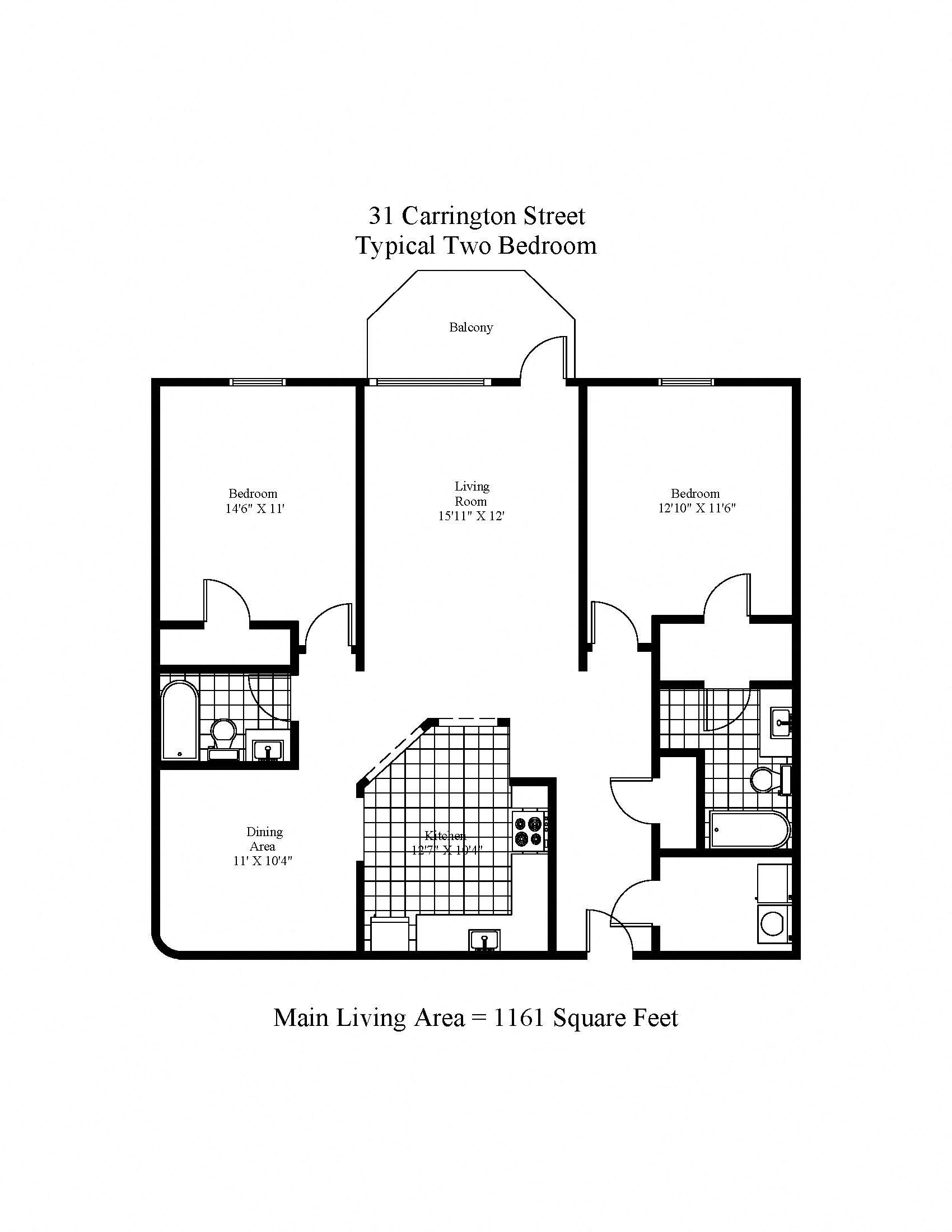Floor plan for 2 beds, 2 baths, 1161 sqft