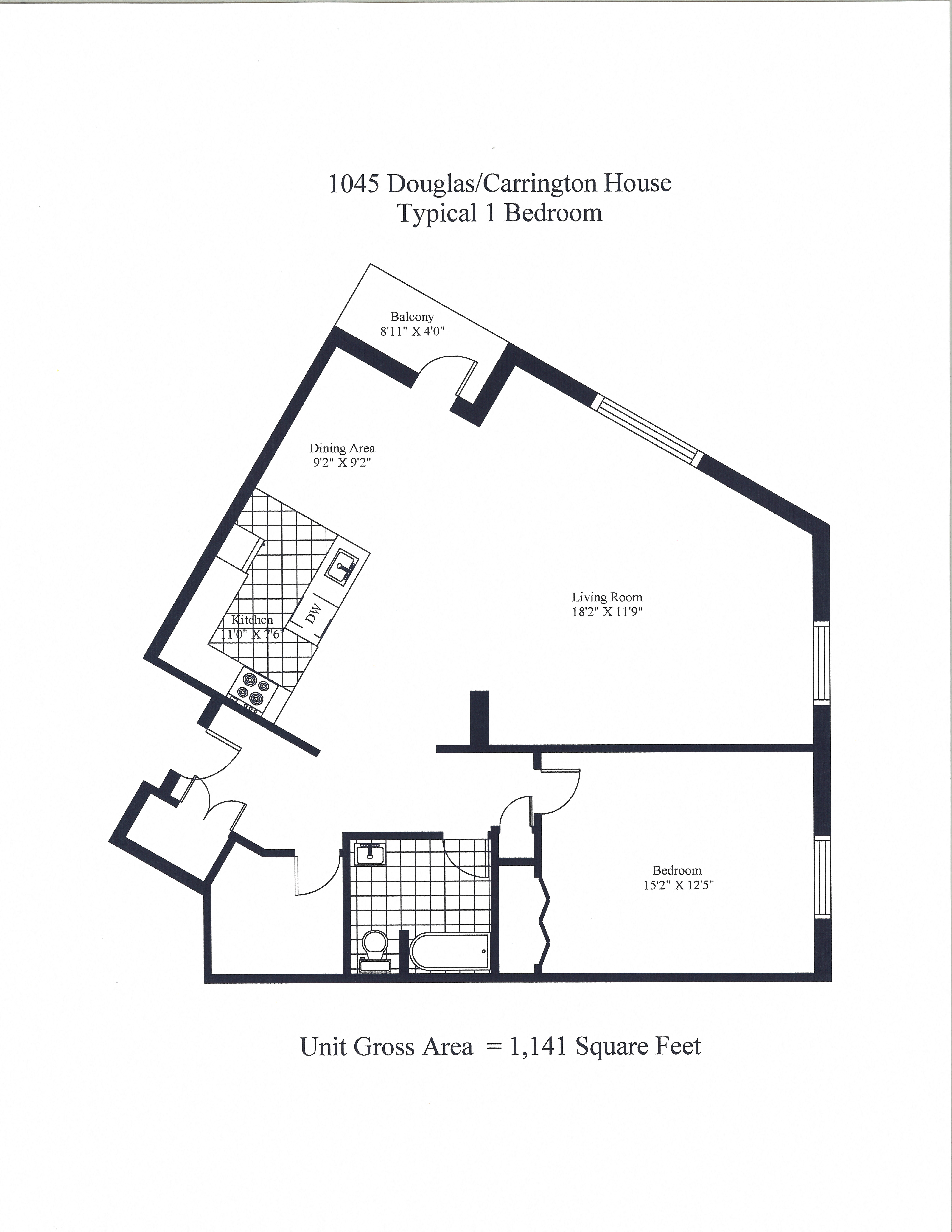 Floor plan for 1 bed, 1 bath, 1033 sqft