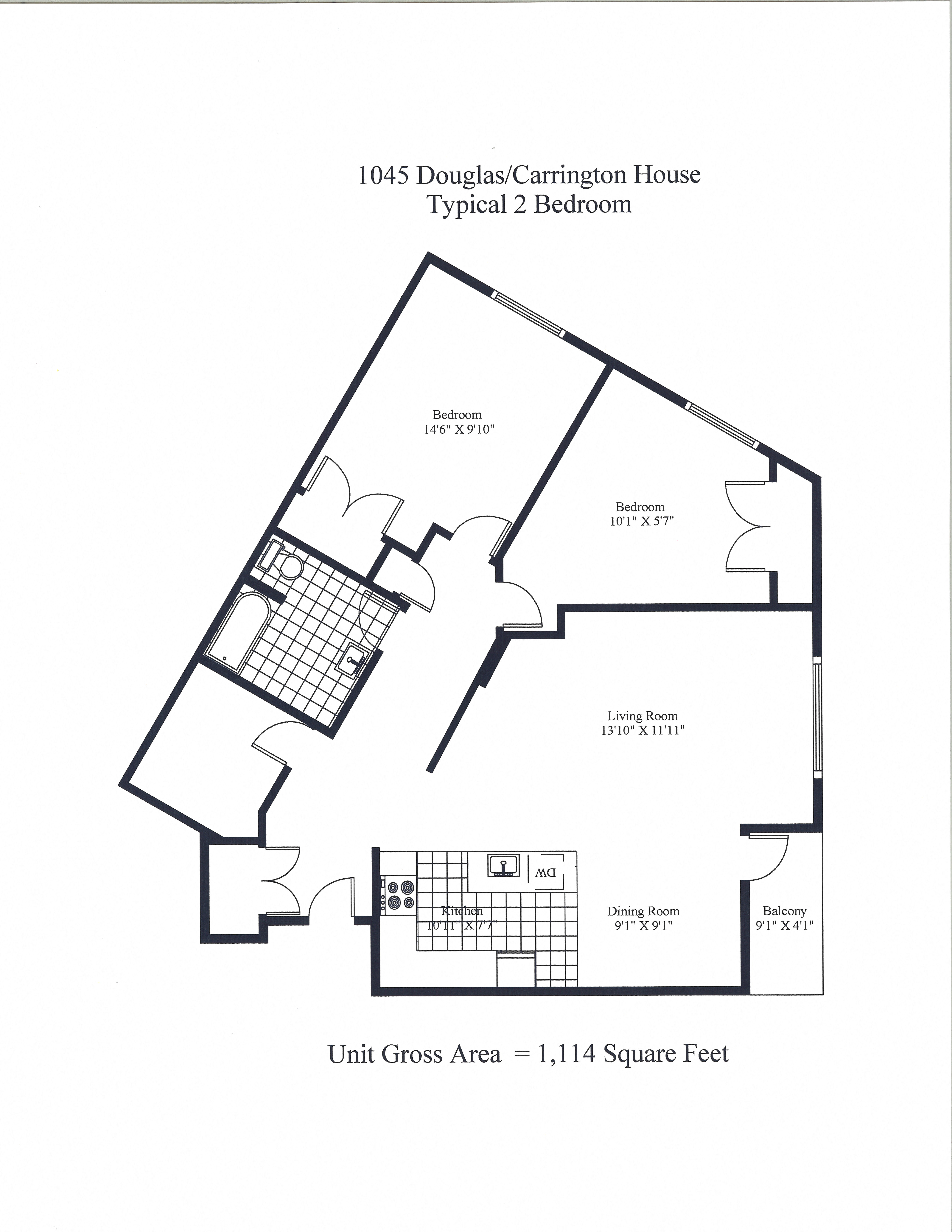 Floor plan for 2 beds, 1 bath, 1097 sqft