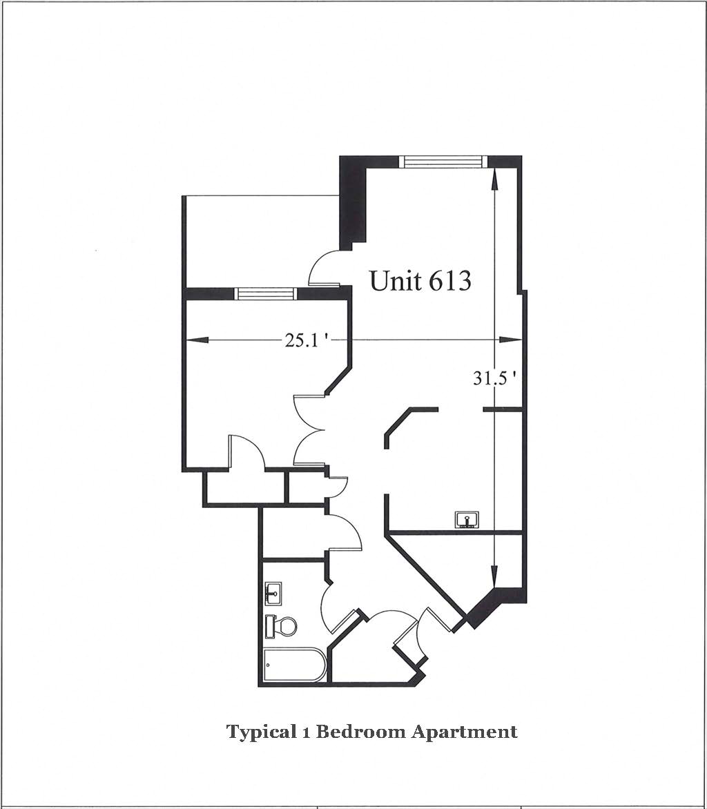 Floor plan for 1 bed, 1 bath, 791 sqft