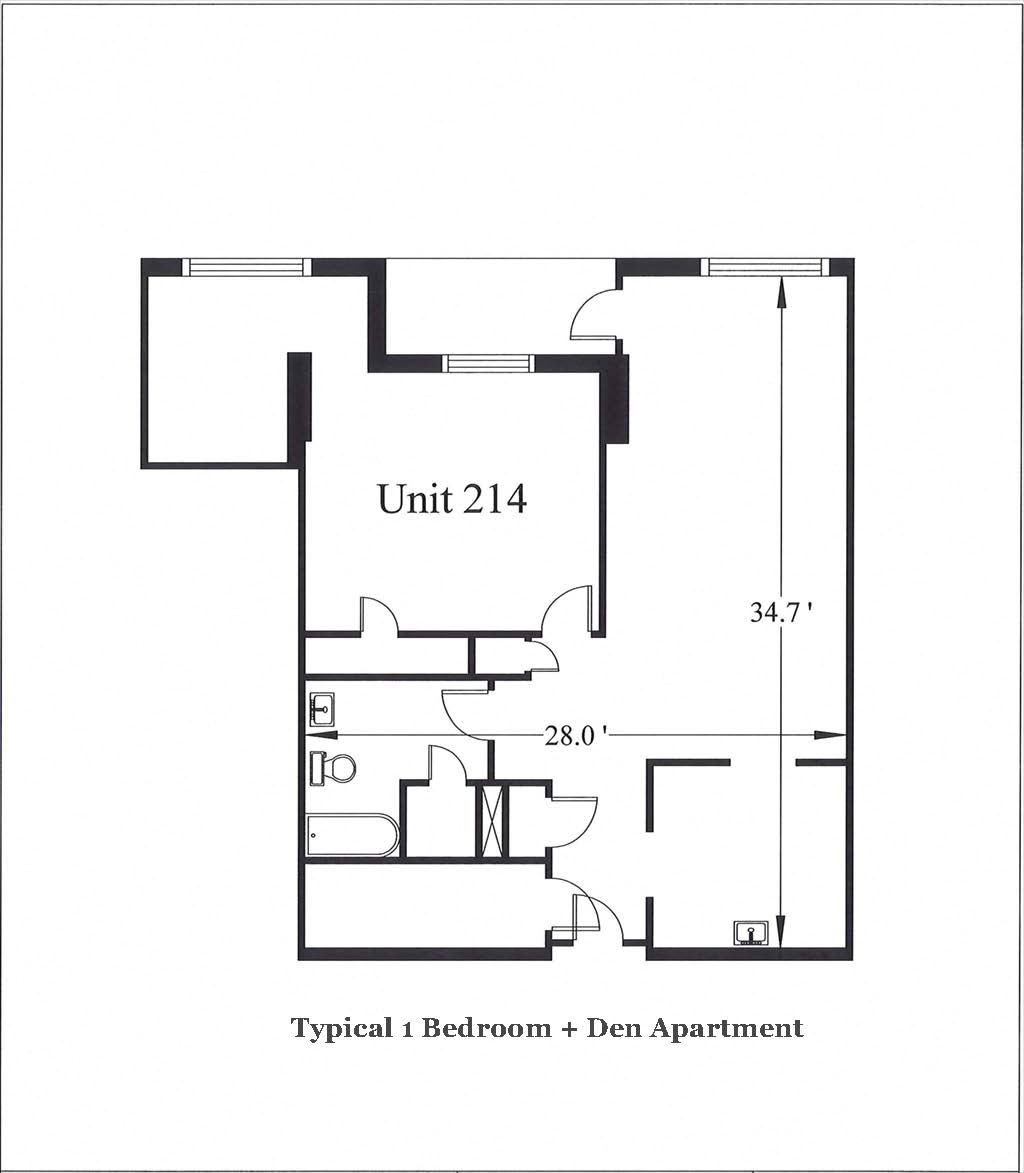 Floor plan for 1 bed, 1 bath, 972 sqft