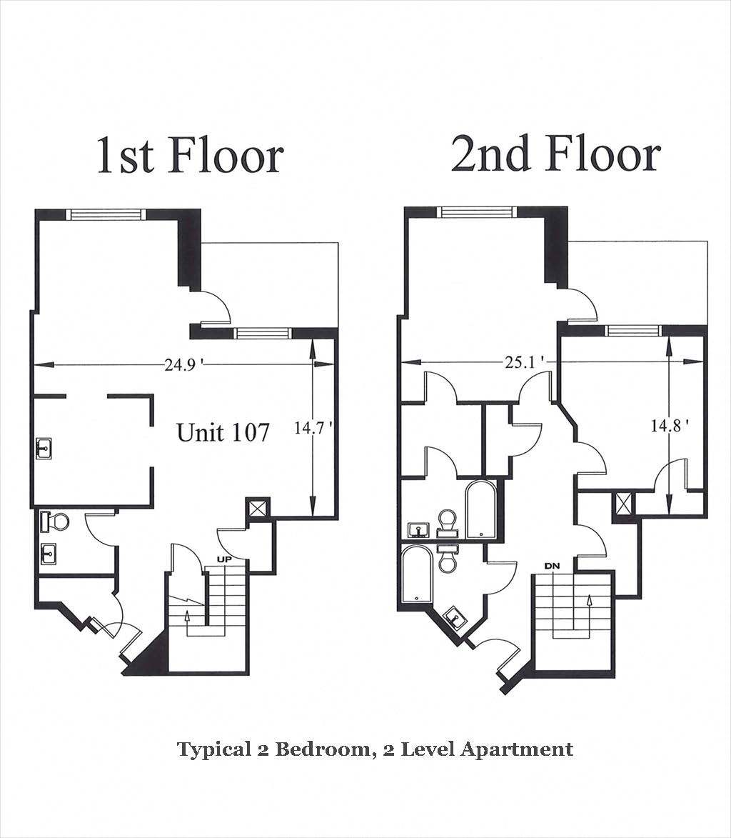 Floor plan for 2 beds, 2.5 baths, 738 sqft