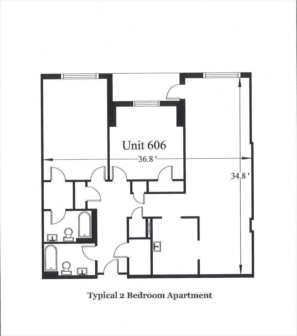 Floor plan for 2 beds, 2 baths, 738 sqft