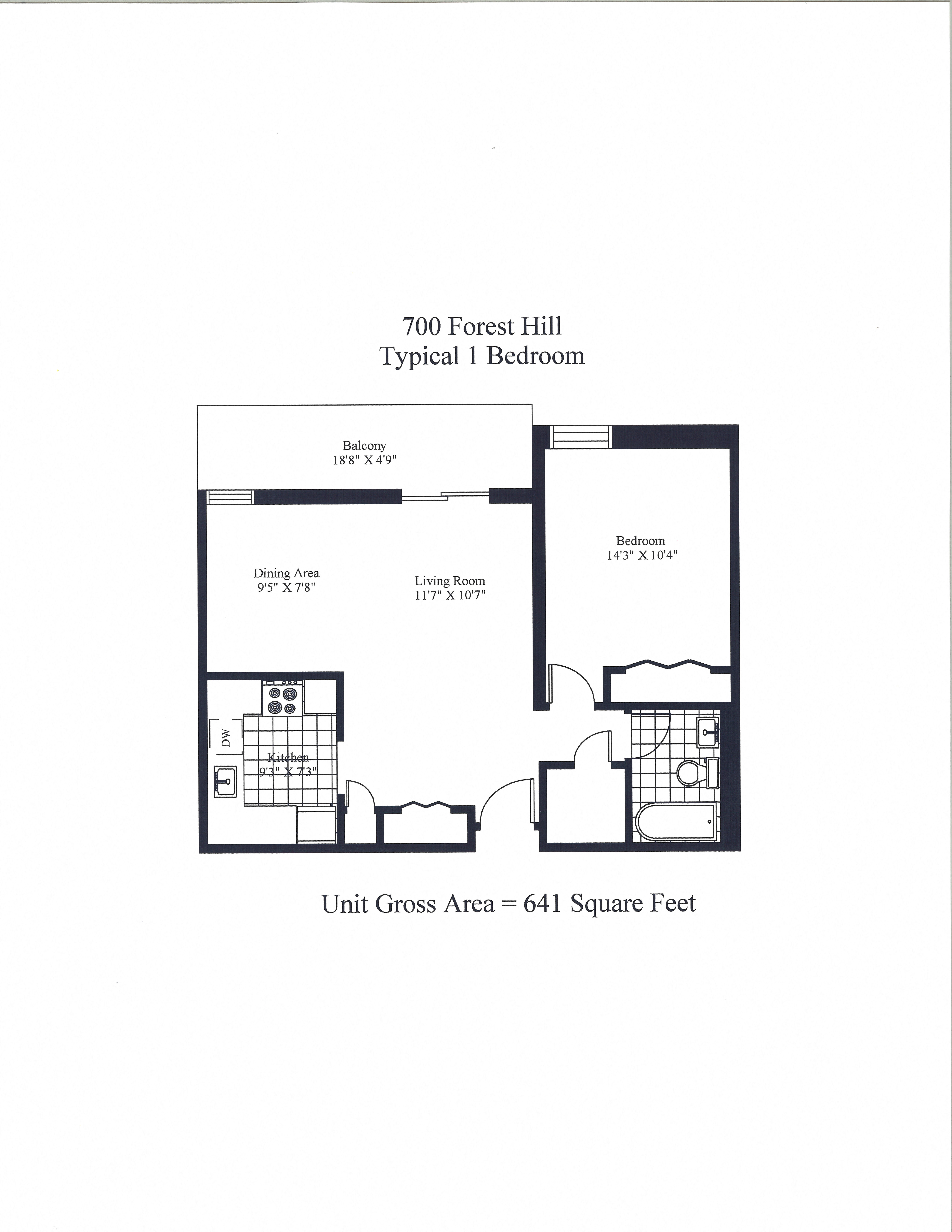 Floor plan for 1 bed, 1 bath, 641 sqft