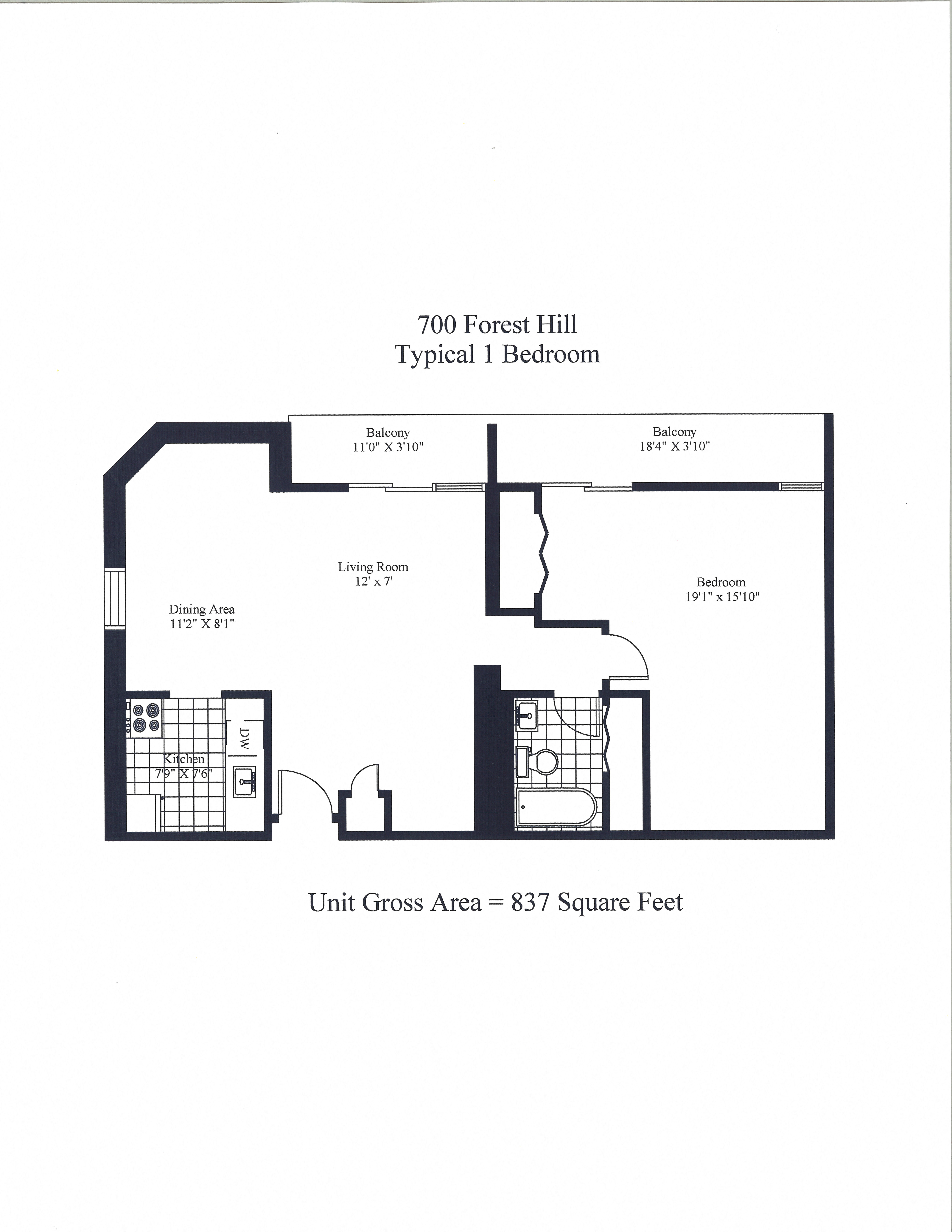 Floor plan for 1 bed, 1 bath, 837 sqft