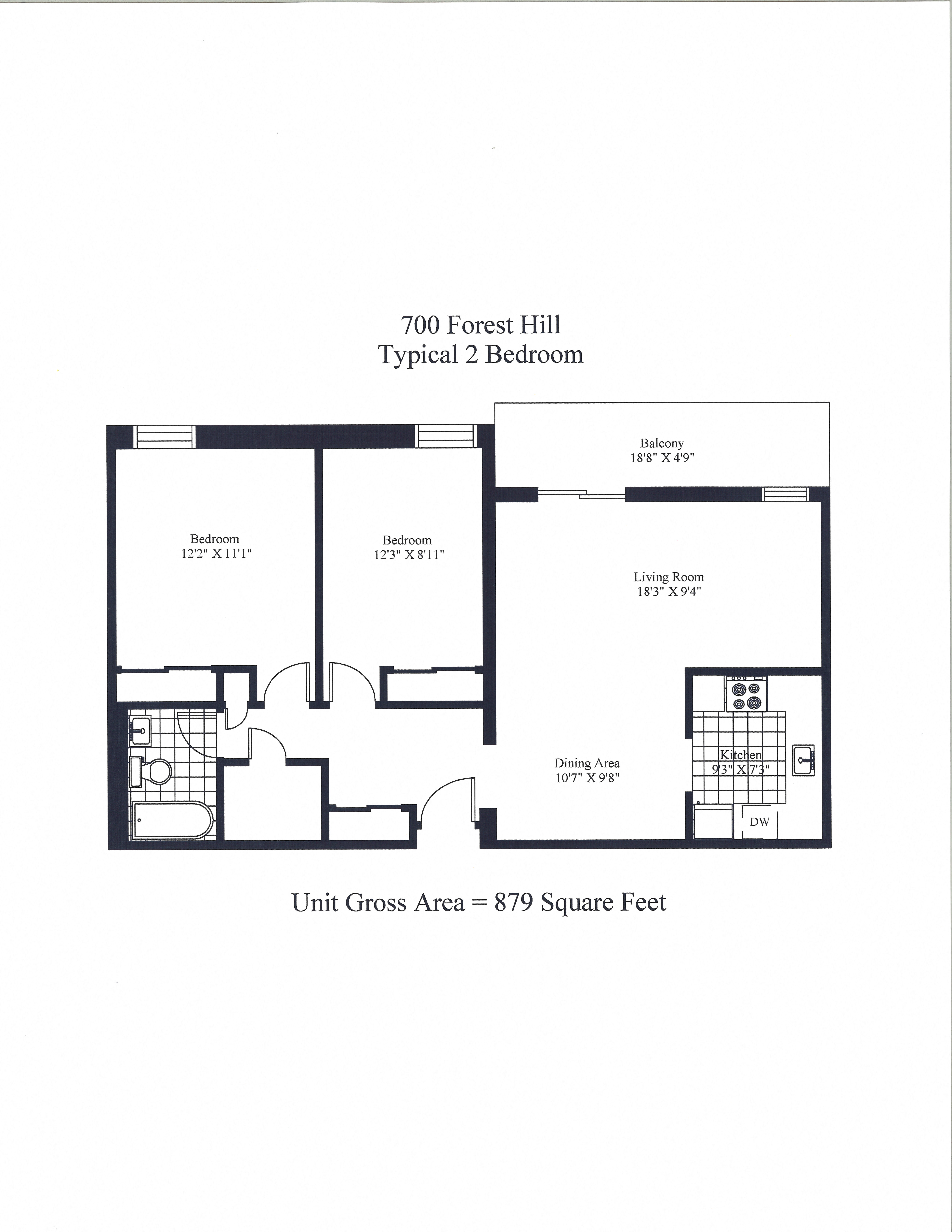Floor plan for 2 beds, 1 bath, 879 sqft