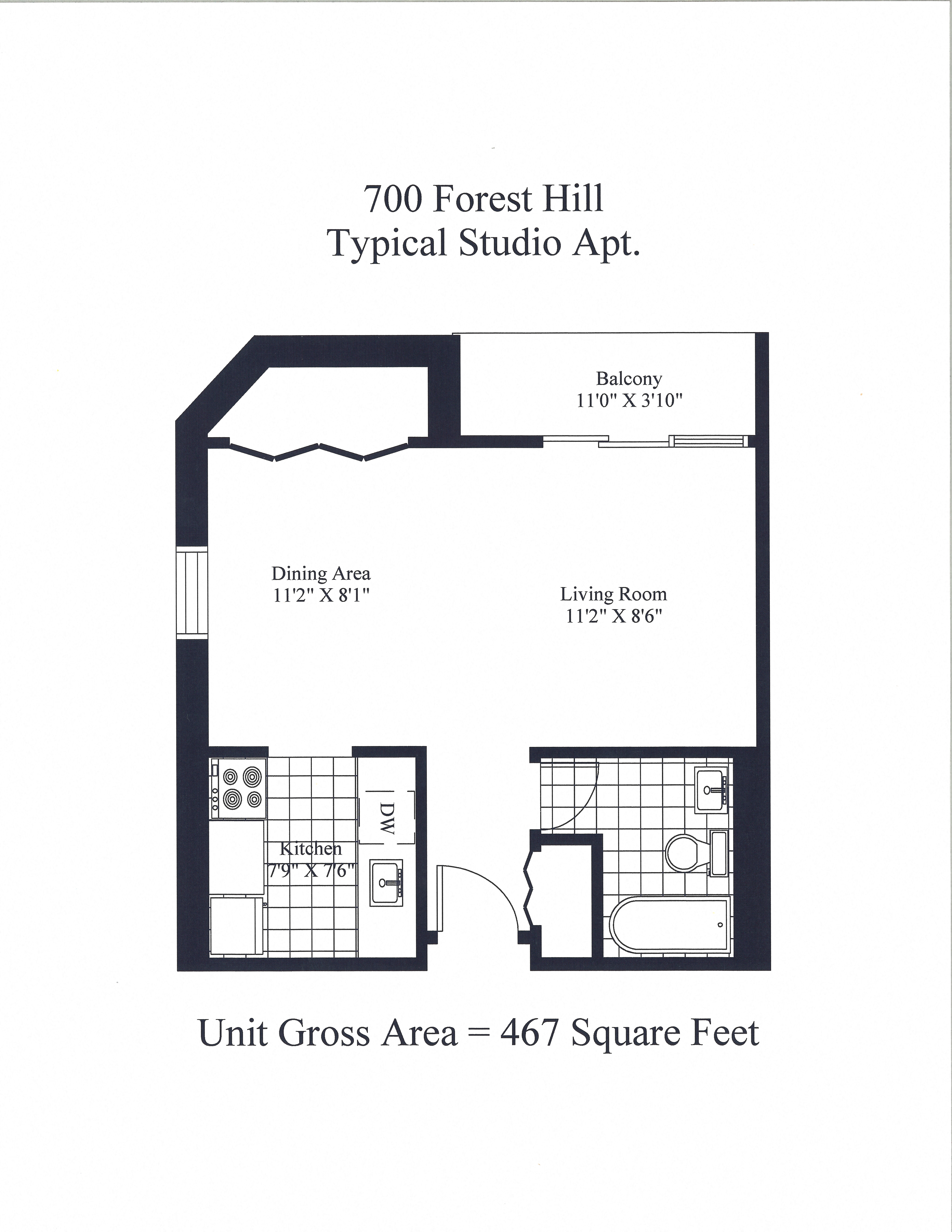 Floor plan for studio, 1 bath, 467 sqft