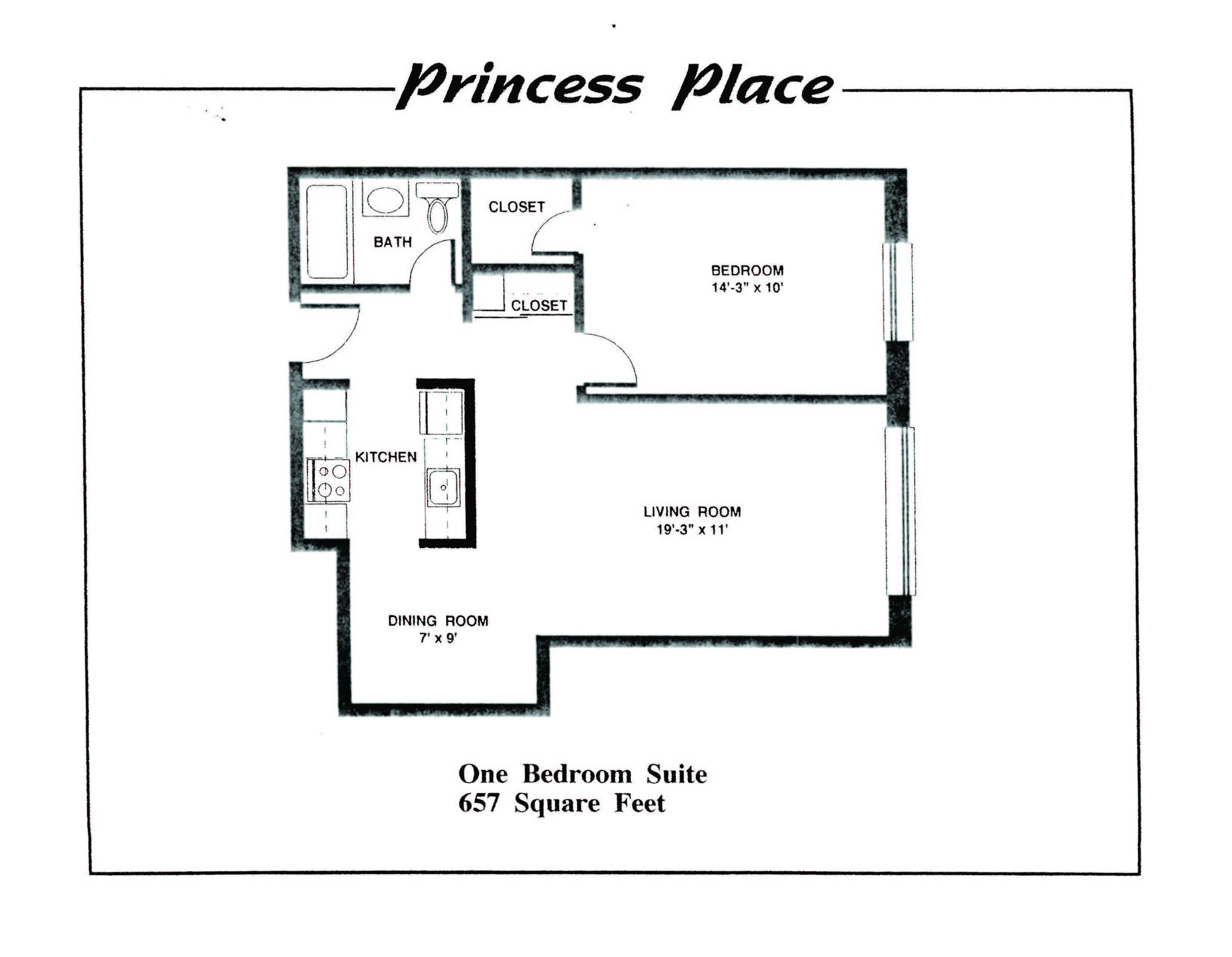 Floor plan for 1 bed, 1 bath, 657 sqft