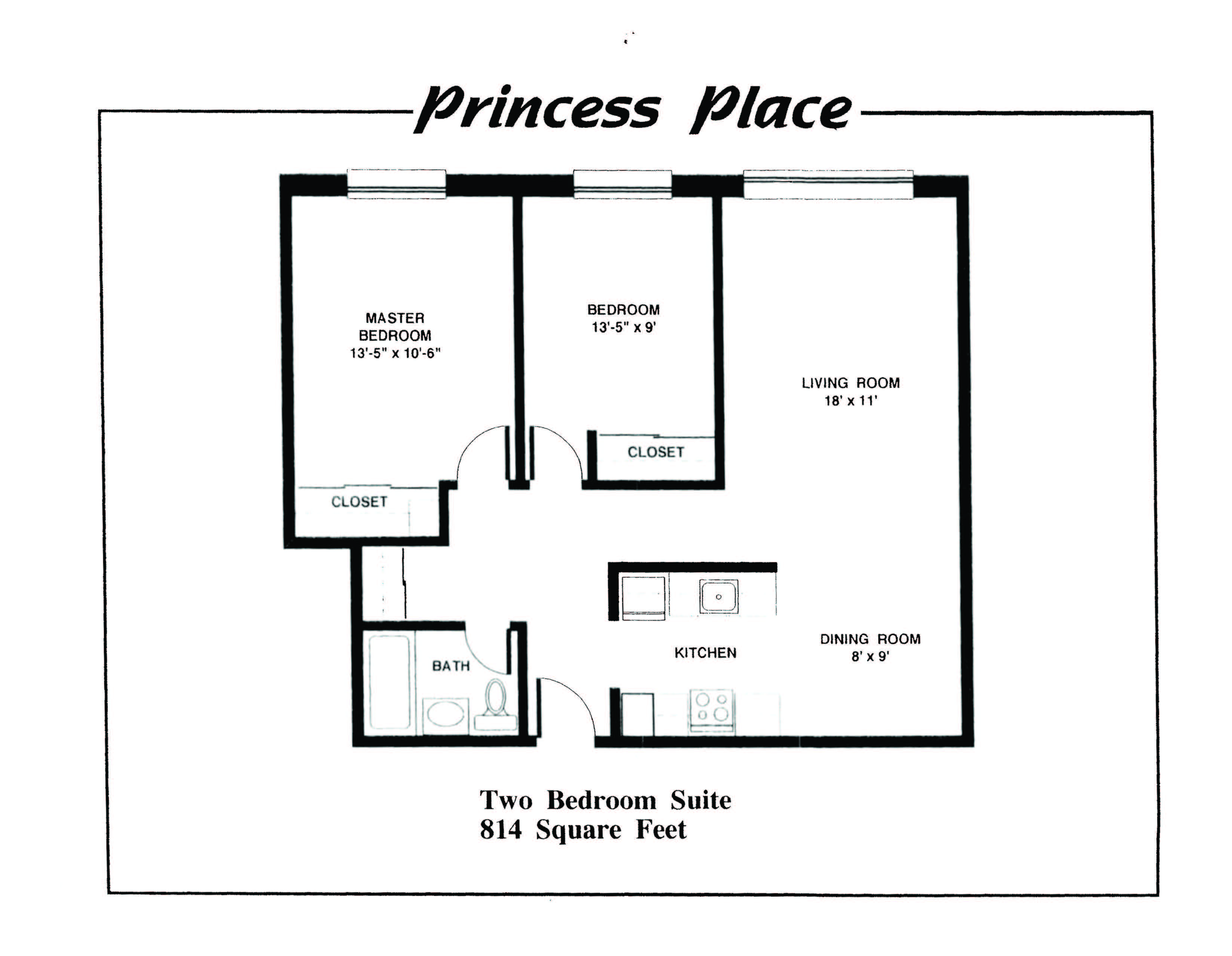 Floor plan for 2 beds, 1 bath, 814 sqft