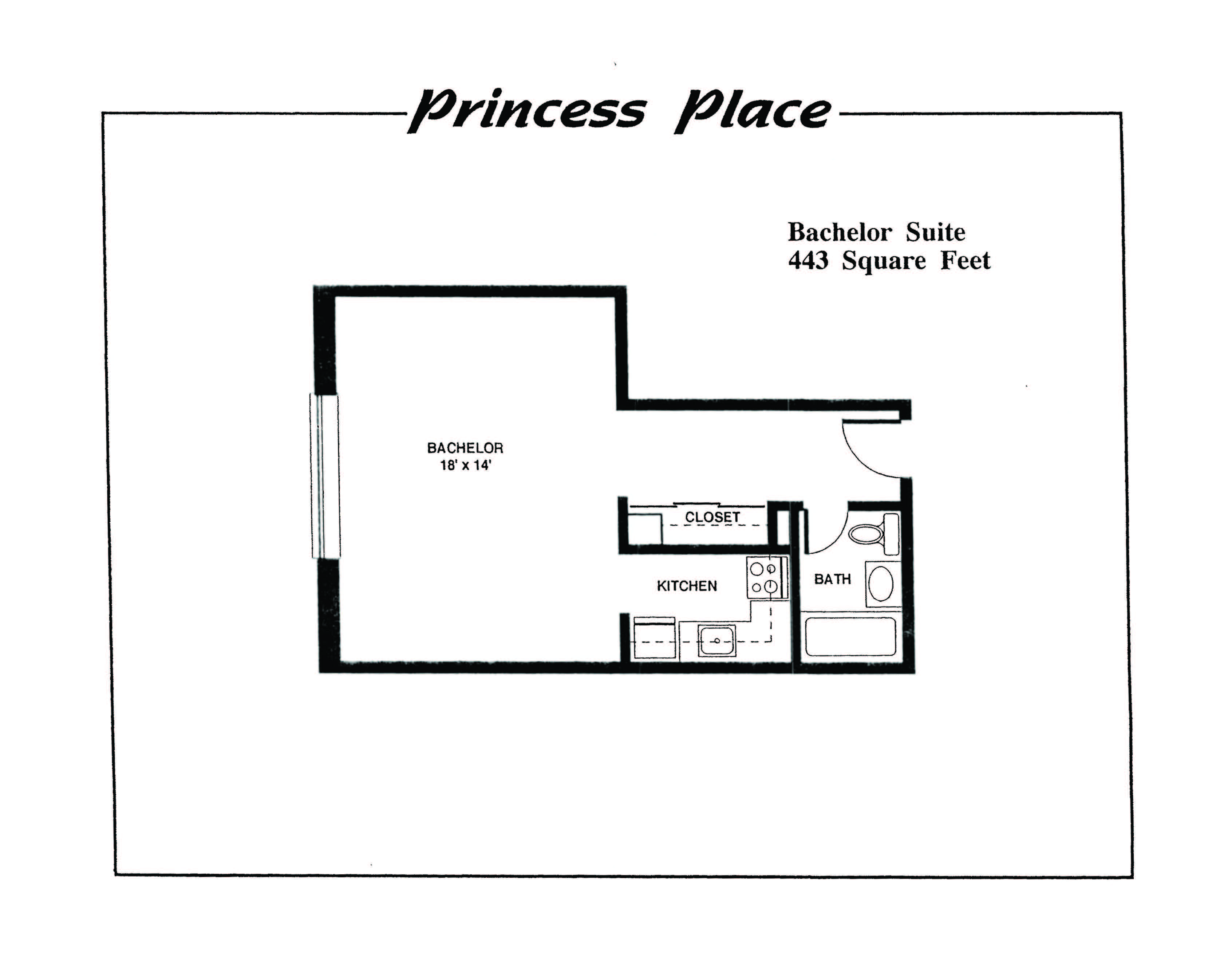 Floor plan for studio, 1 bath, 443 sqft