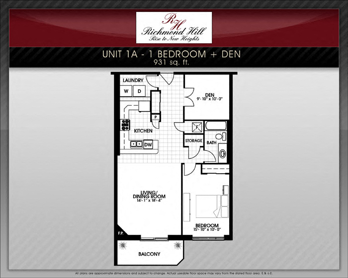 Floor plan for 1 bed, 1 bath, 931 sqft