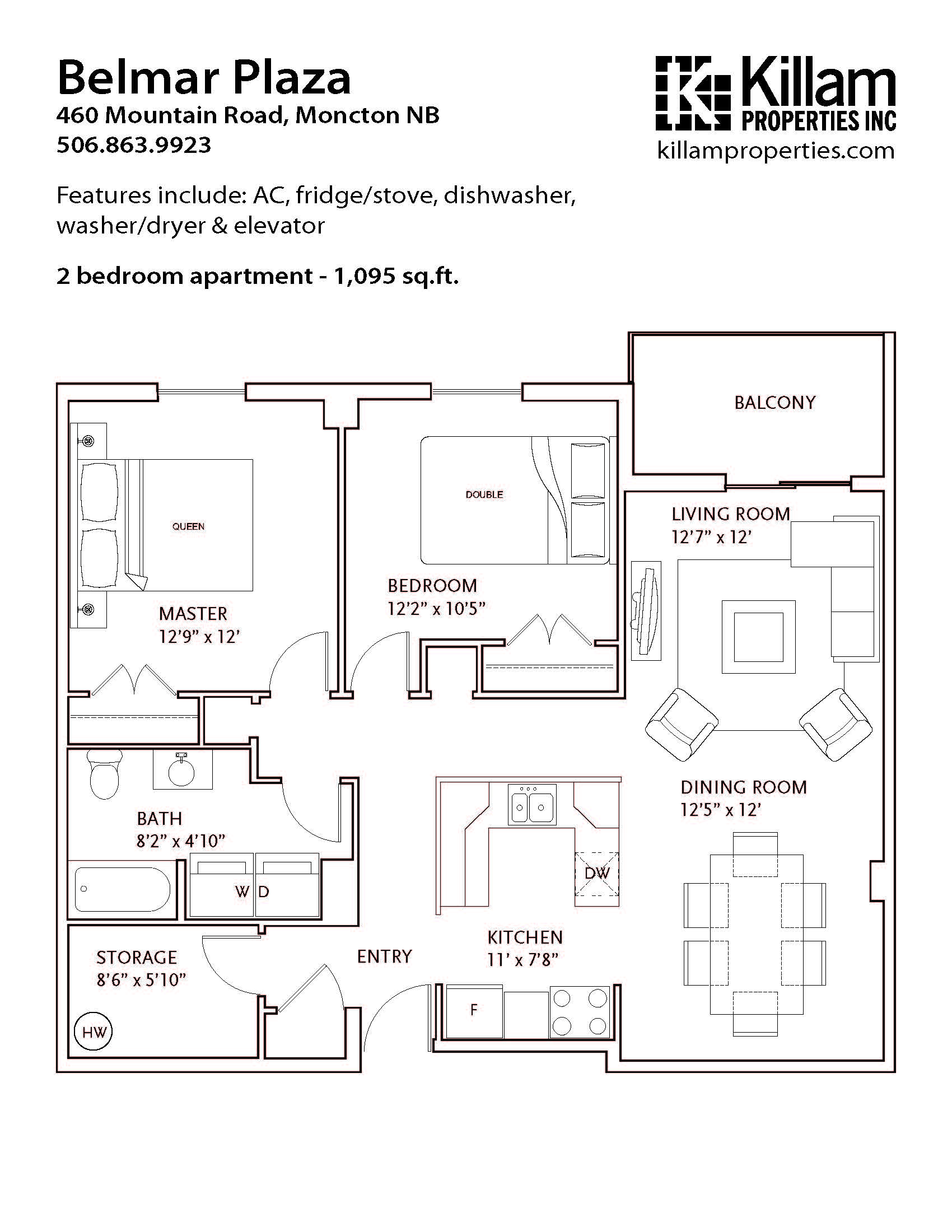 Floor plan for 2 beds, 1 bath, 1095 sqft