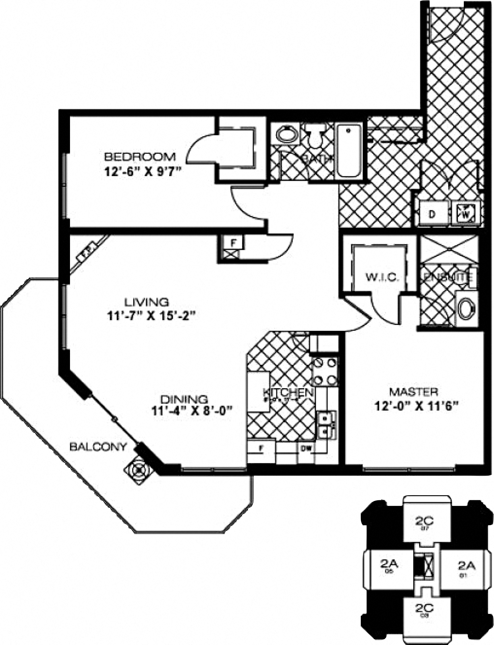 Floor plan for 2 beds, 1 bath, 1105 sqft