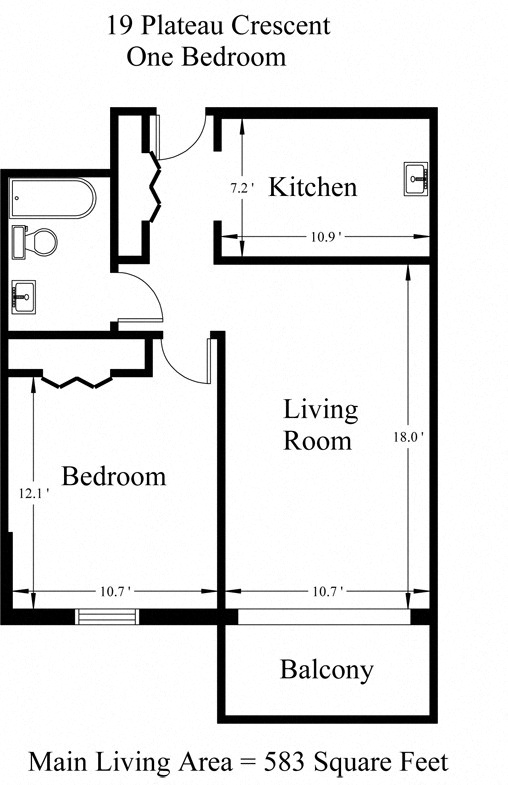 Floor plan for 1 bed, 1 bath, 583 sqft