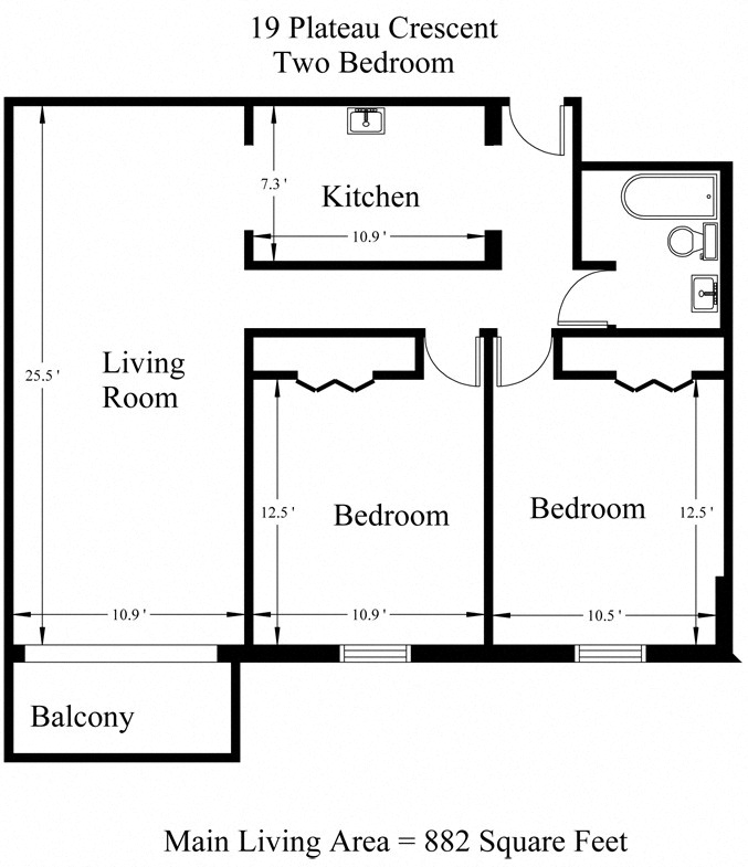 Floor plan for 2 beds, 1 bath, 882 sqft