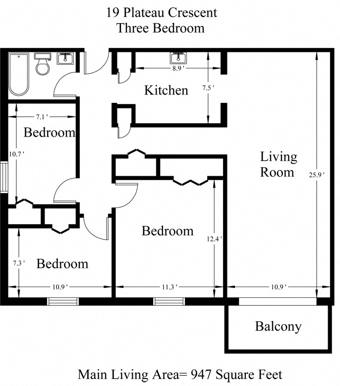 Floor plan for 3 beds, 1 bath, 947 sqft