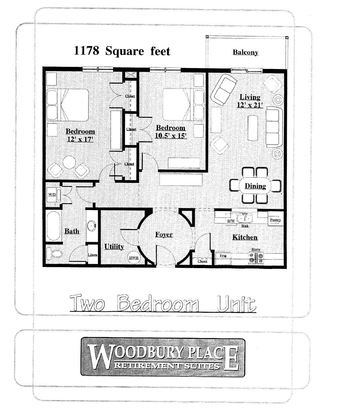 Floor plan for 2 beds, 1 bath, 1178 sqft