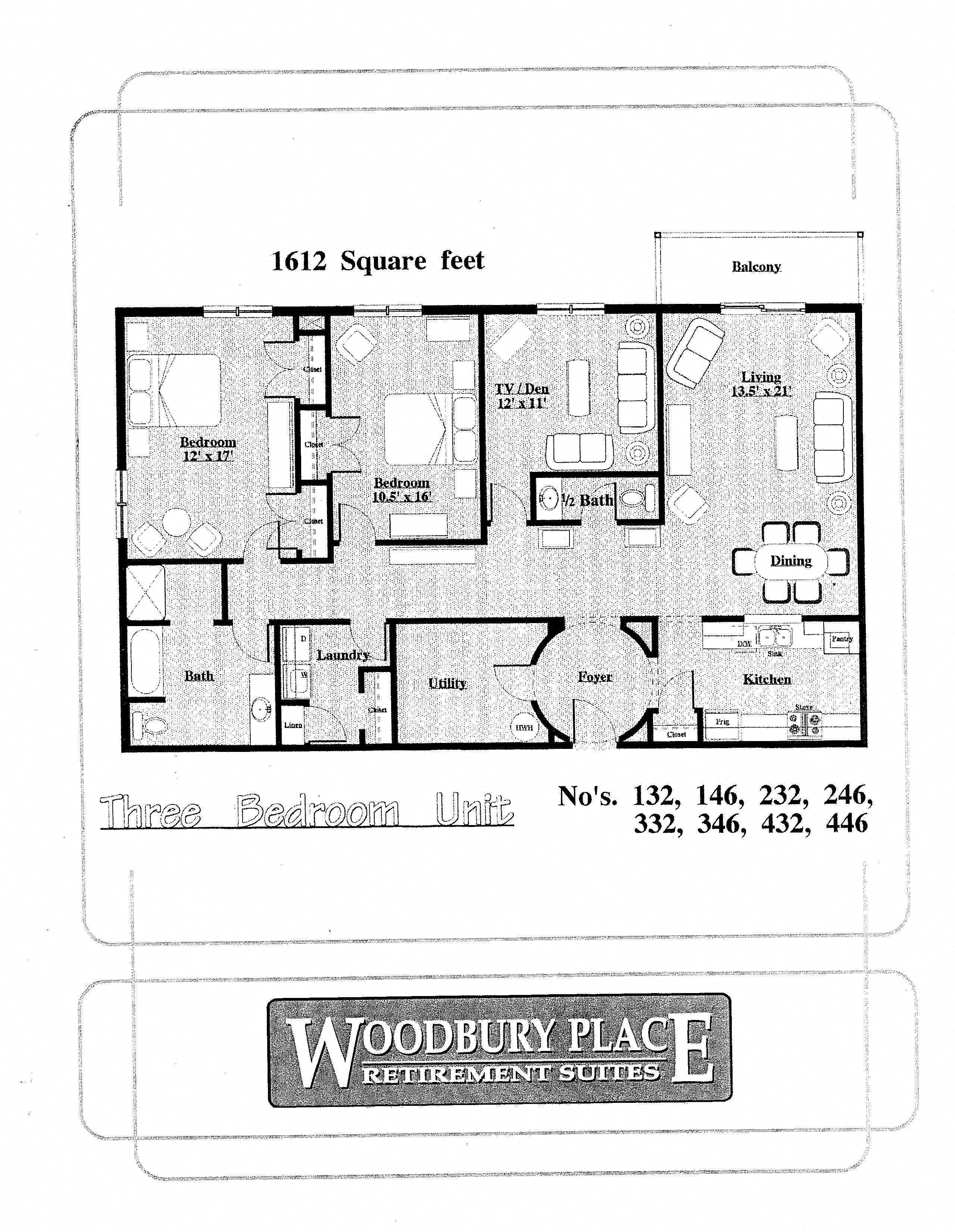 Floor plan for 3 beds, 2 baths, 1643 sqft