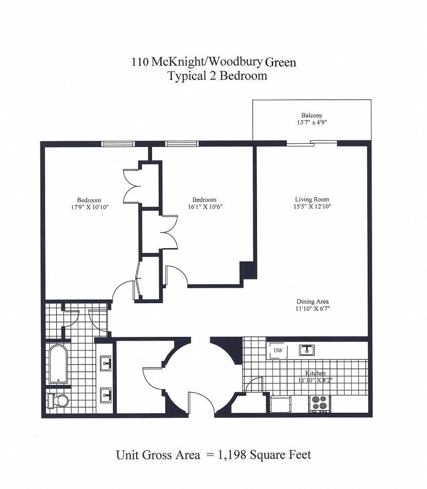 Floor plan for 2 beds, 1 bath, 1178 sqft