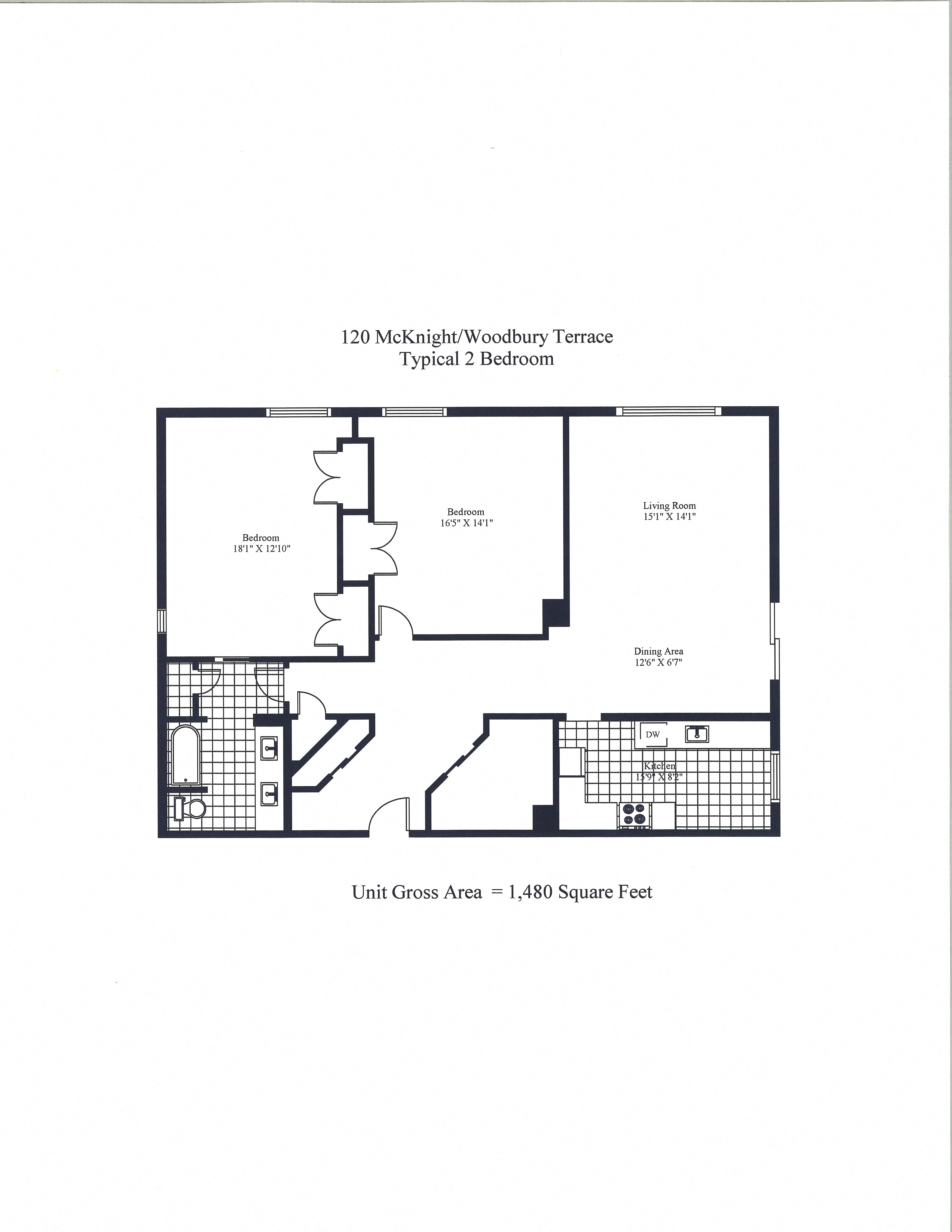 Floor plan for 2 beds, 1 bath, 1480 sqft