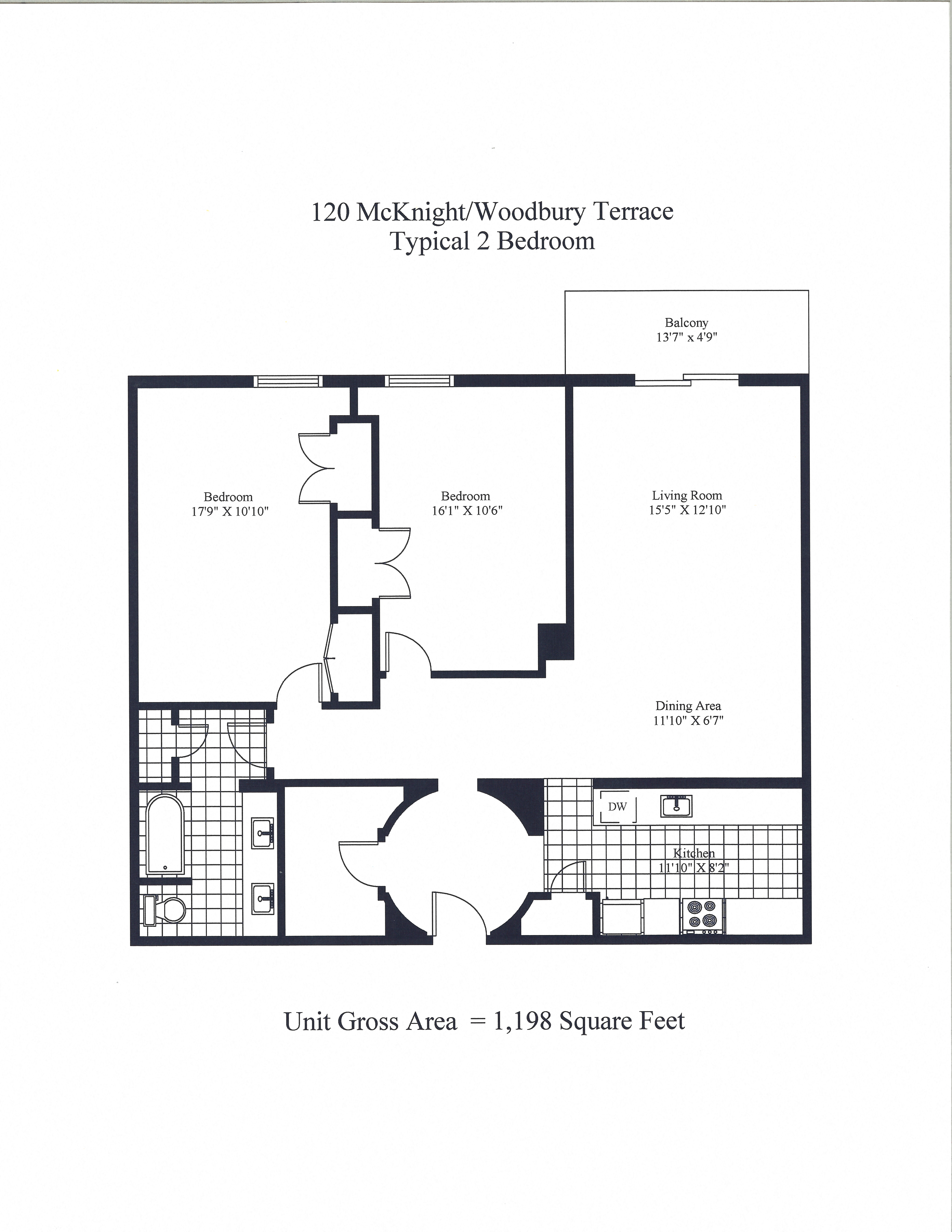 Floor plan for 2 beds, 1 bath, 1198 sqft