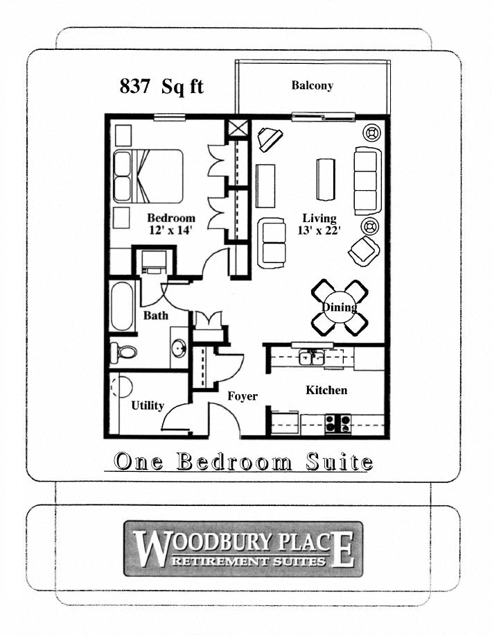 Floor plan for 1 bed, 1 bath, 837 sqft