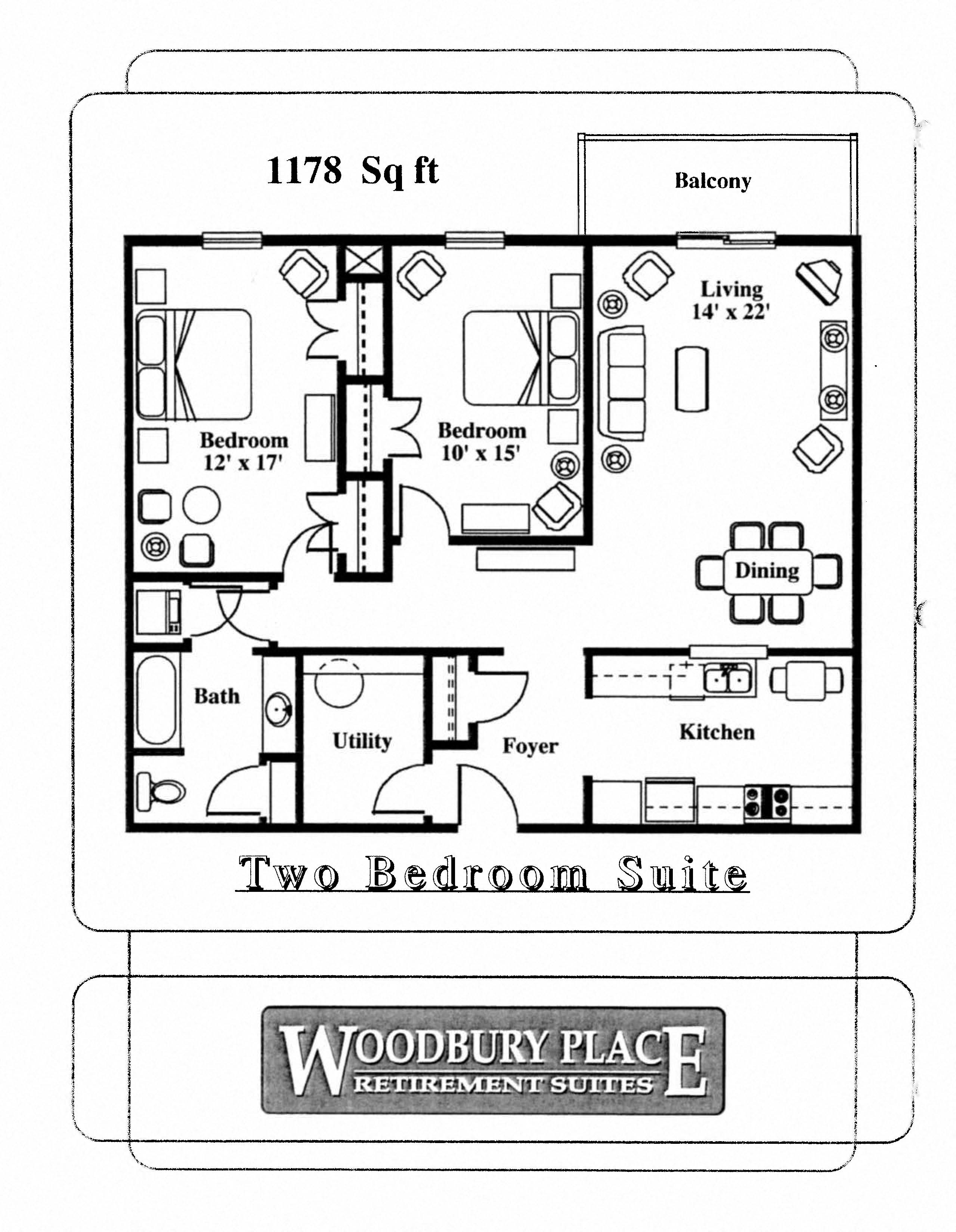 Floor plan for 2 beds, 1 bath, 1610 sqft