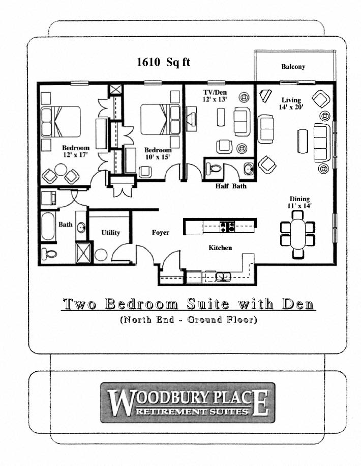 Floor plan for 2 beds, 1.5 baths, 1650 sqft