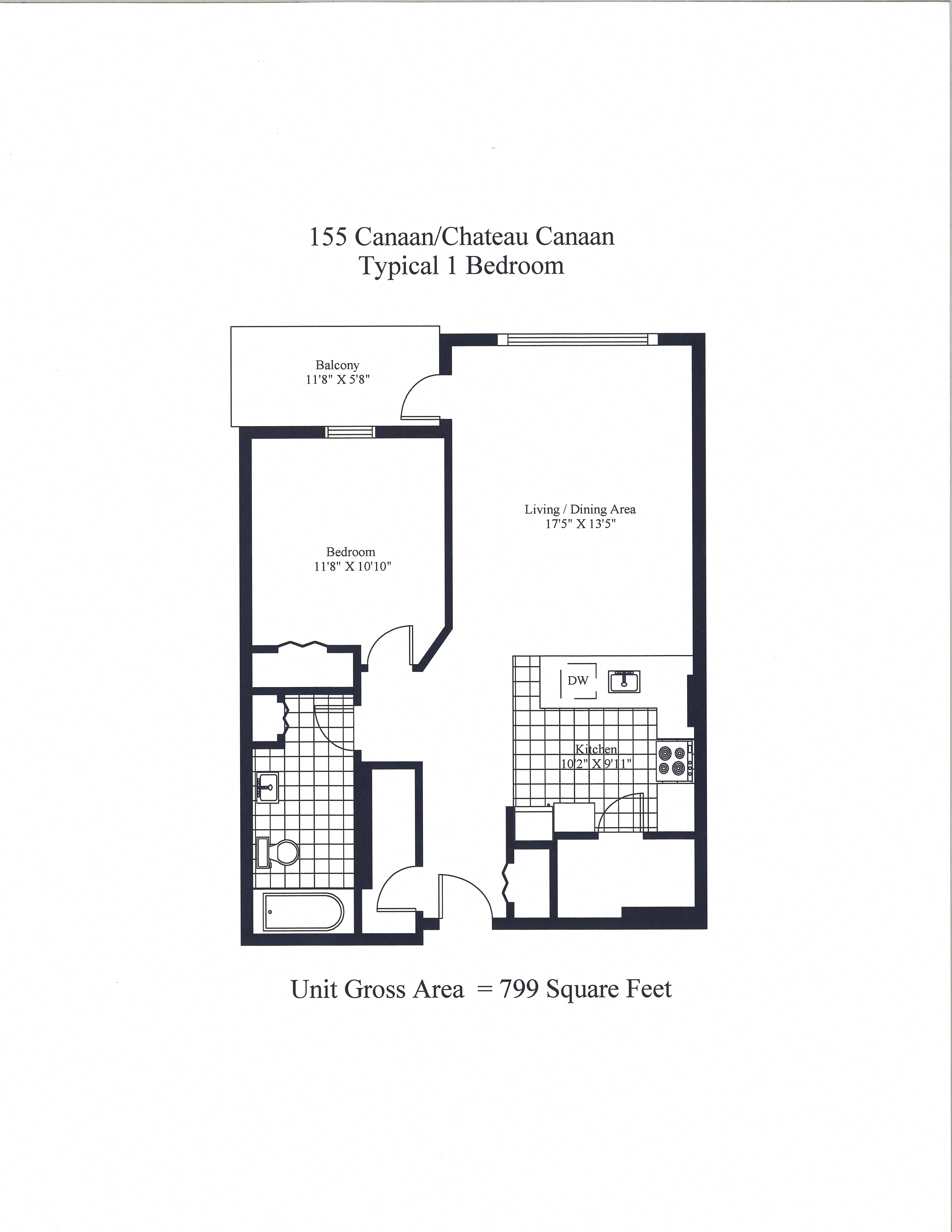 Floor plan for 1 bed, 1 bath, 799 sqft