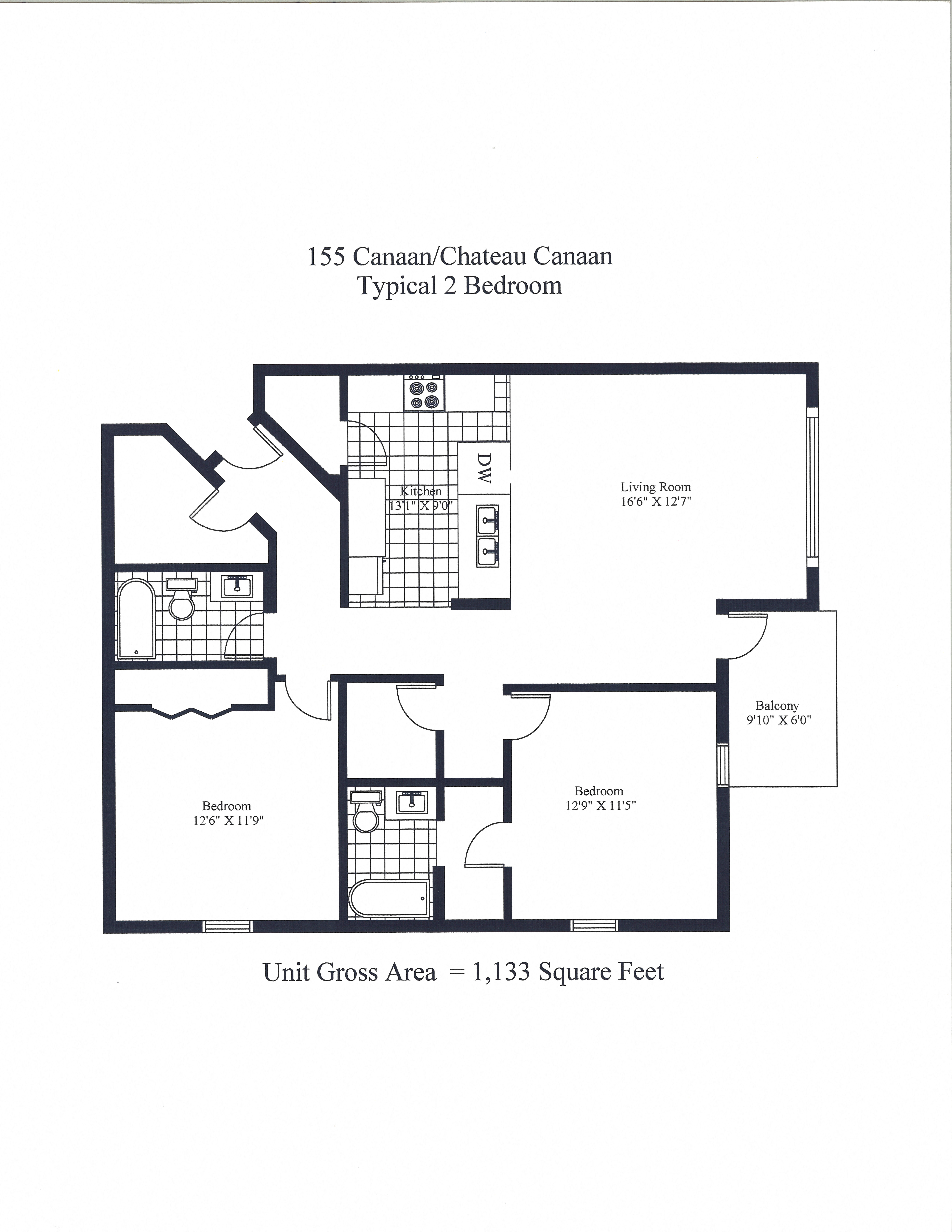 Floor plan for 2 beds, 2 baths, 1135 sqft