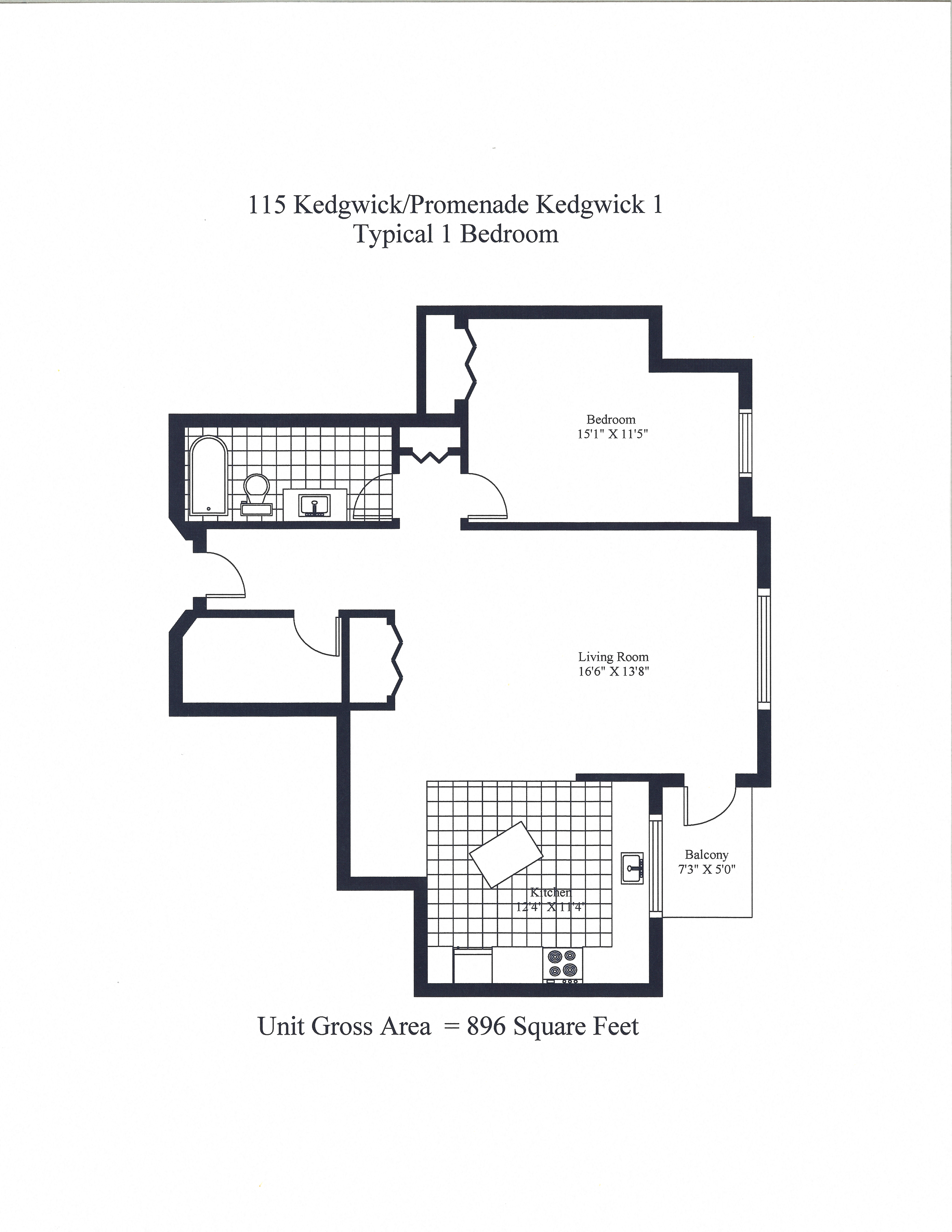 Floor plan for 1 bed, 1 bath, 896 sqft