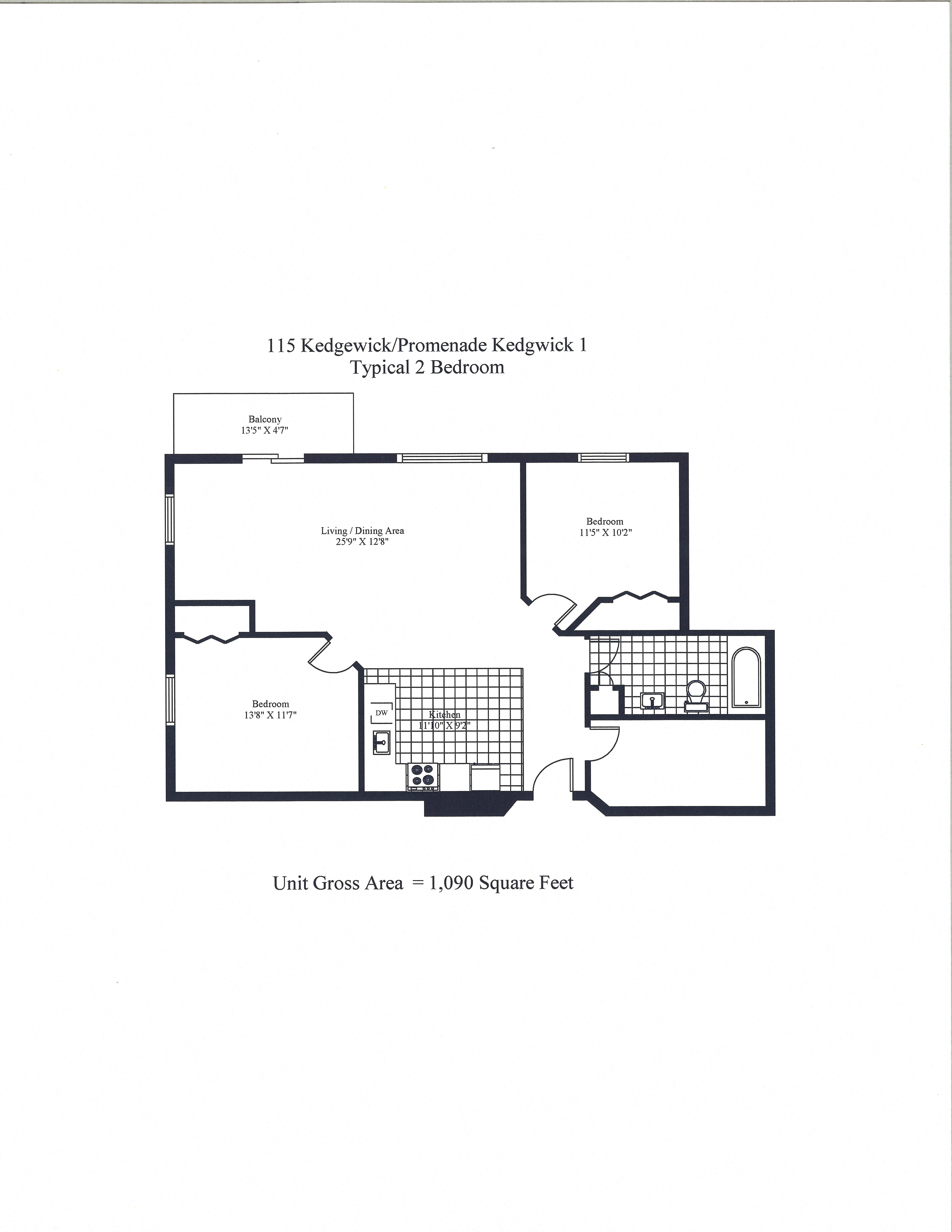 Floor plan for 2 beds, 1 bath, 1090 sqft