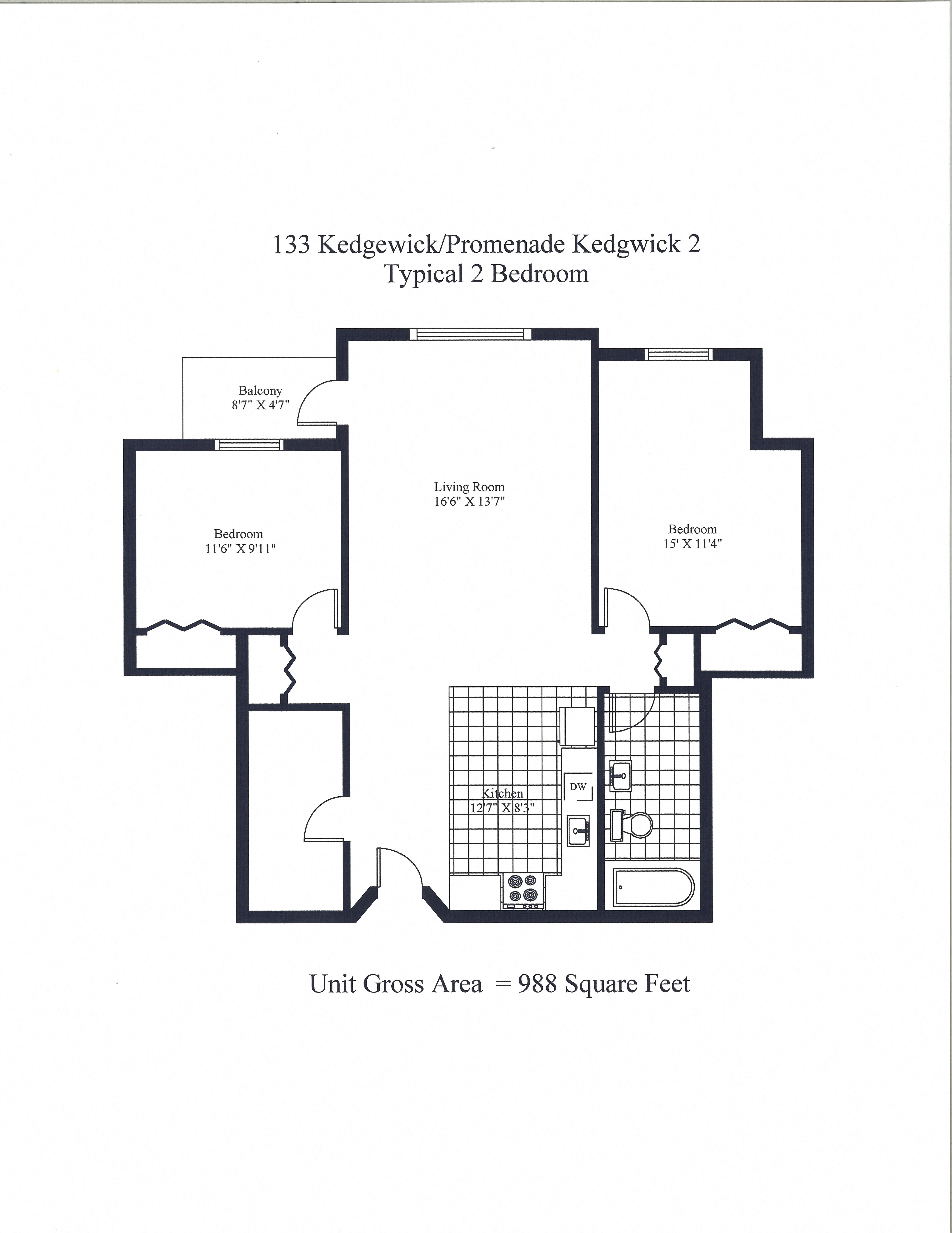 Floor plan for 2 beds, 1 bath, 950 sqft