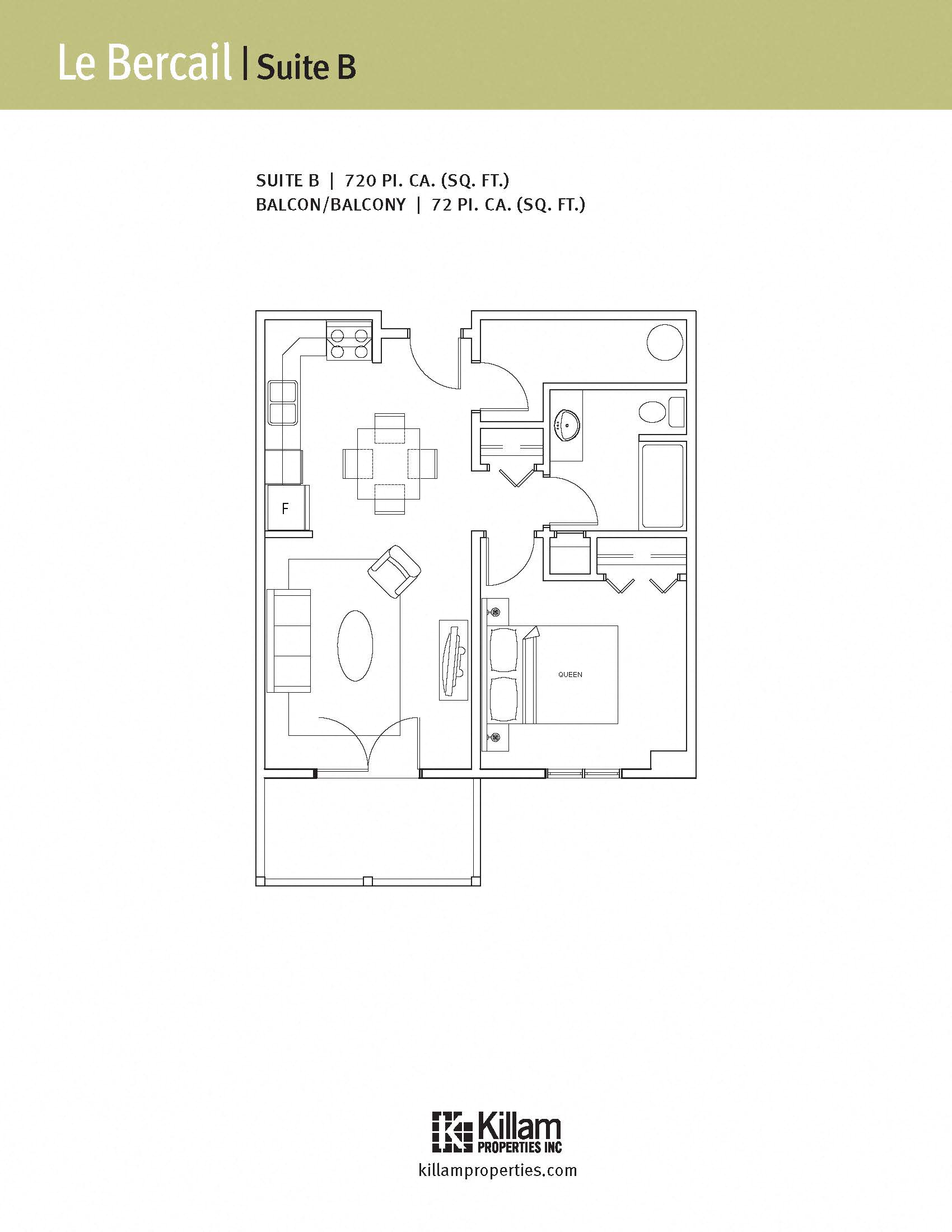 Floor plan for 1 bed, 1 bath, 885 sqft