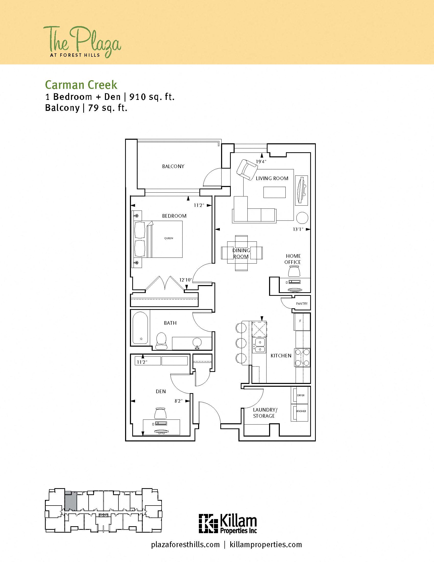 Floor plan for 1 bed, 1 bath, 920 sqft