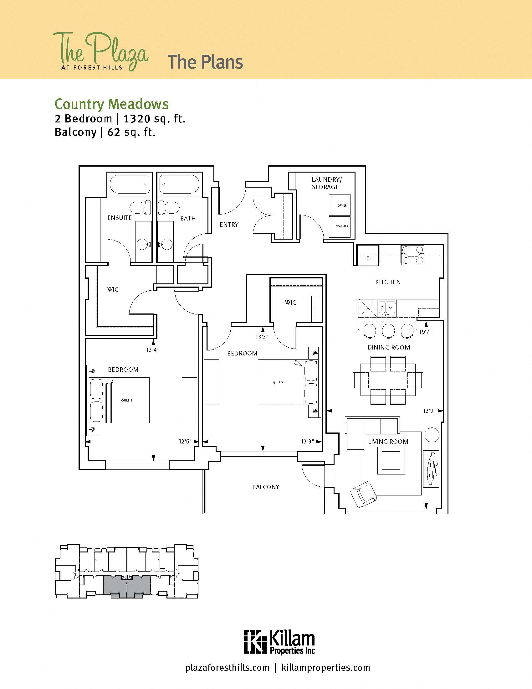 Floor plan for 2 beds, 2 baths, 1320 sqft
