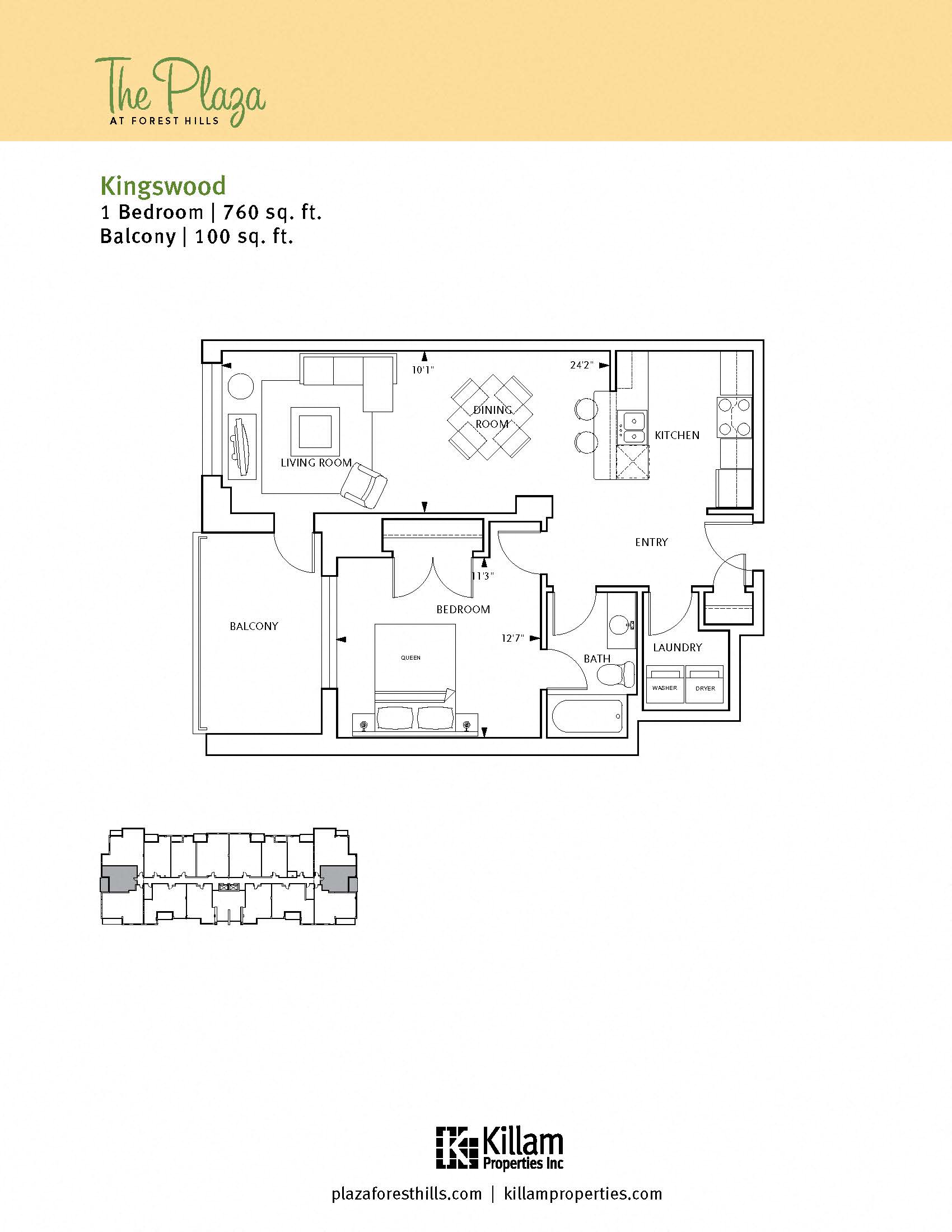 Floor plan for 1 bed, 1 bath, 740 sqft