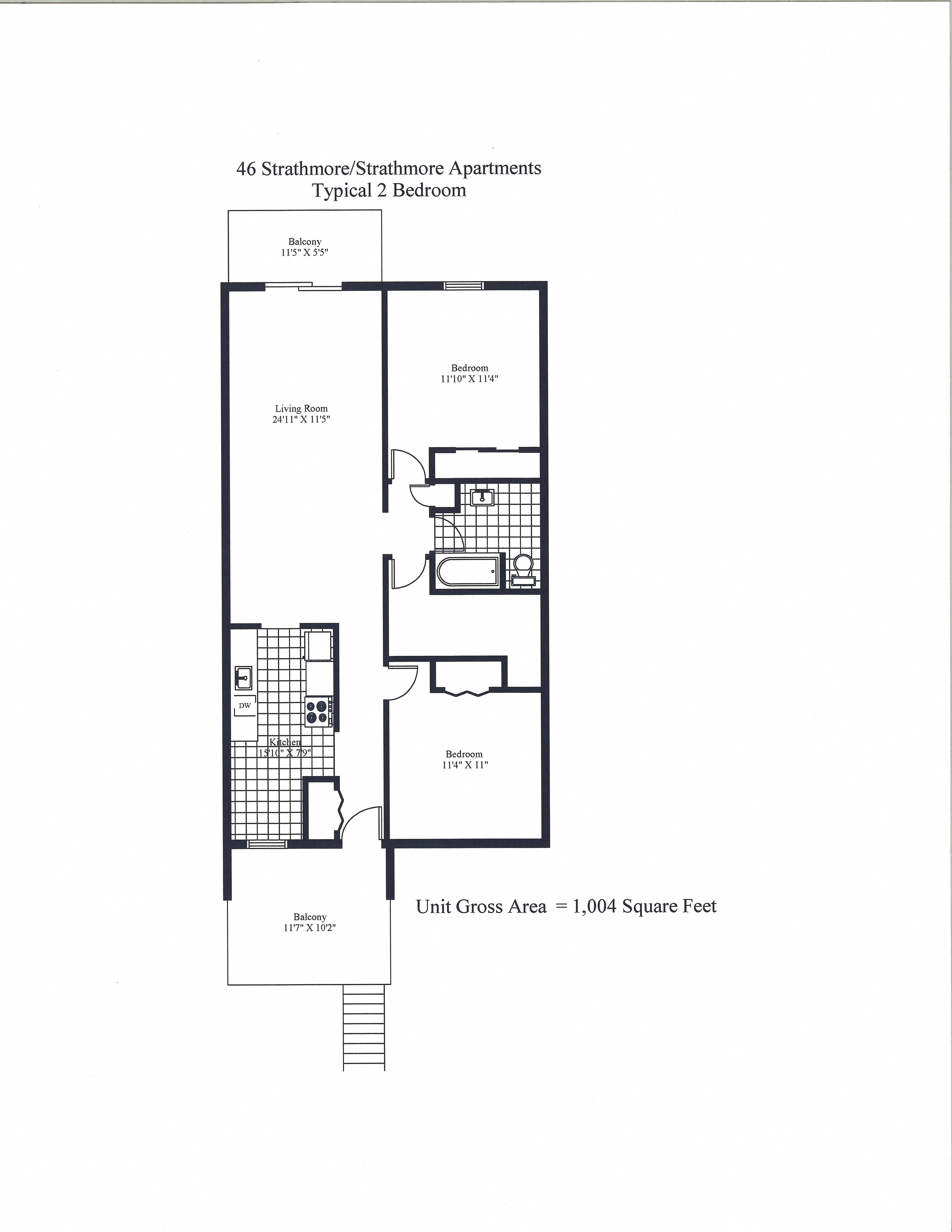Floor plan for 2 beds, 1 bath, 1000 sqft