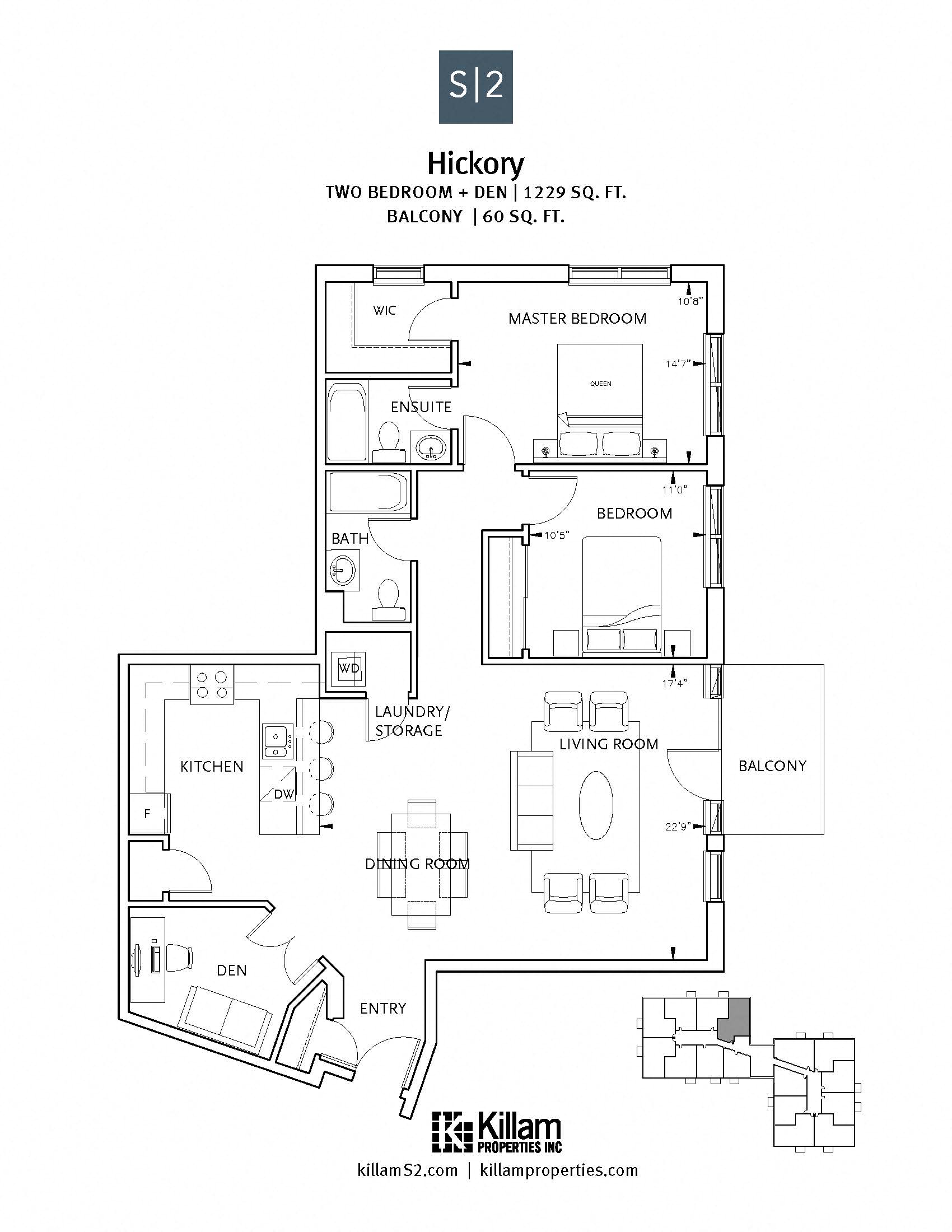 Floor plan for 2 beds, 2 baths, 1229 sqft