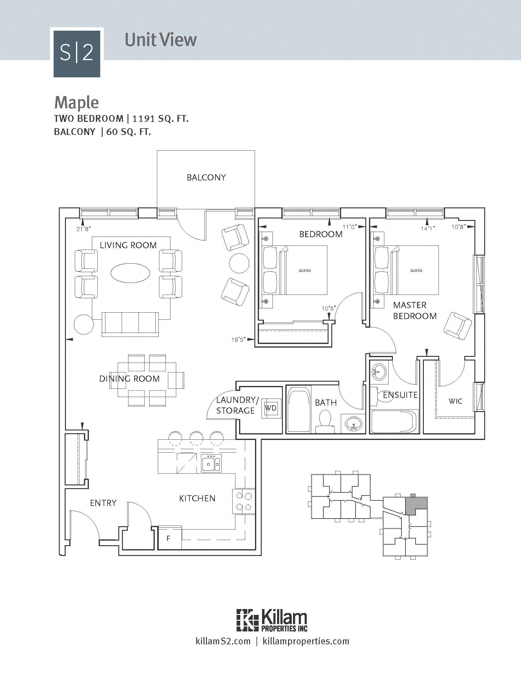 Floor plan for 2 beds, 2 baths, 1192 sqft