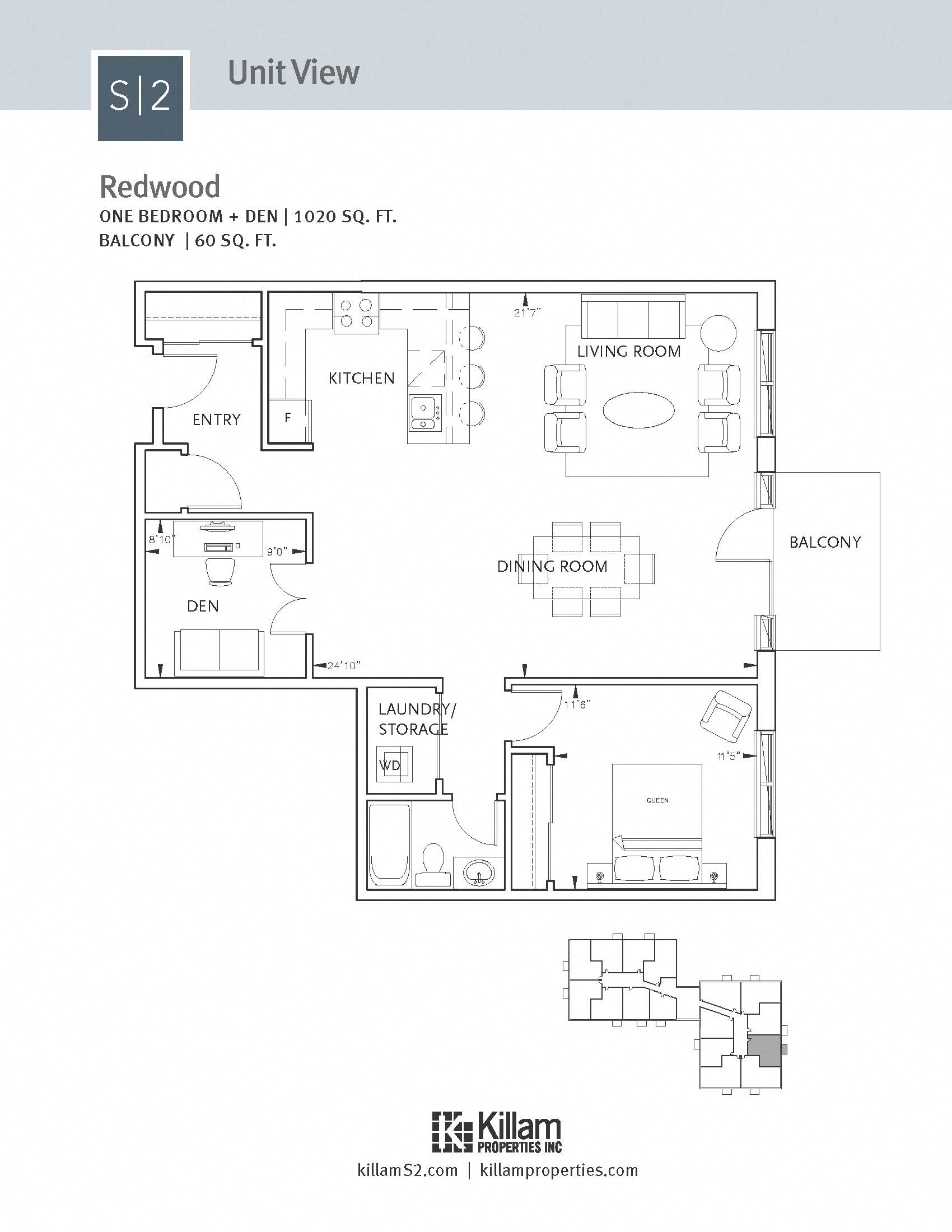 Floor plan for 1 bed, 1 bath, 1020 sqft