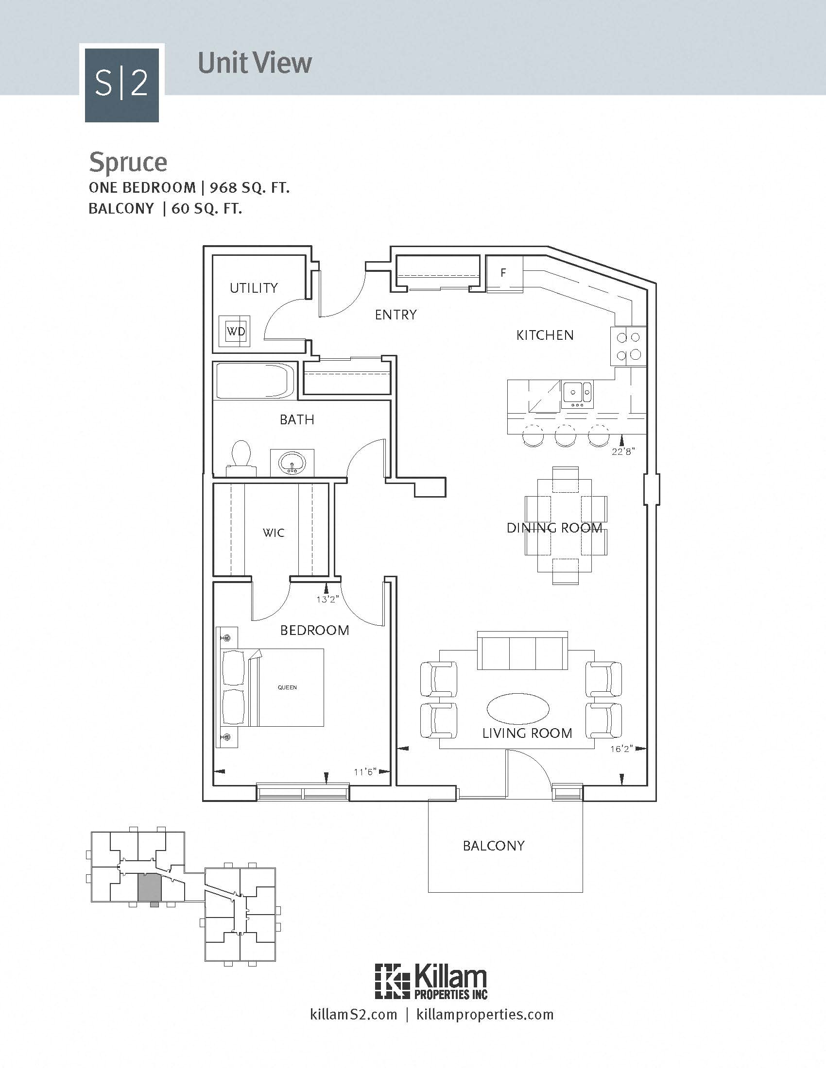 Floor plan for 1 bed, 1 bath, 968 sqft