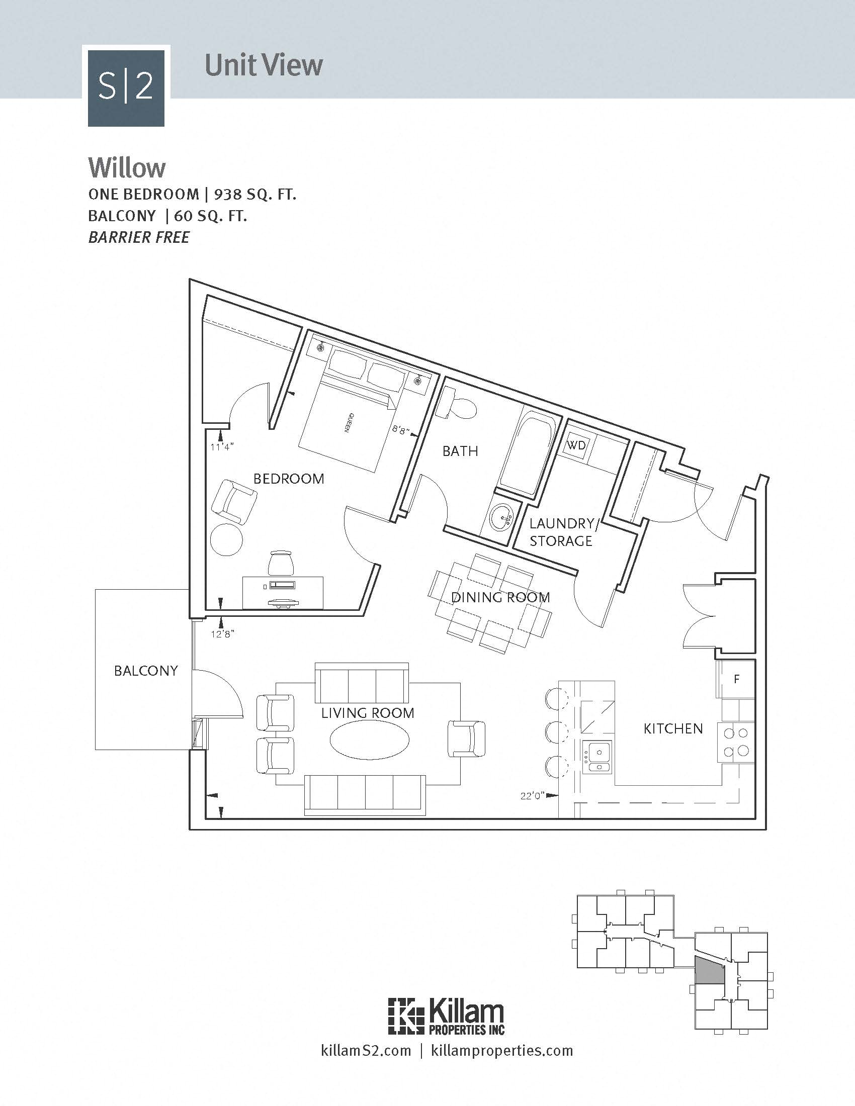 Floor plan for 1 bed, 1 bath, 938 sqft