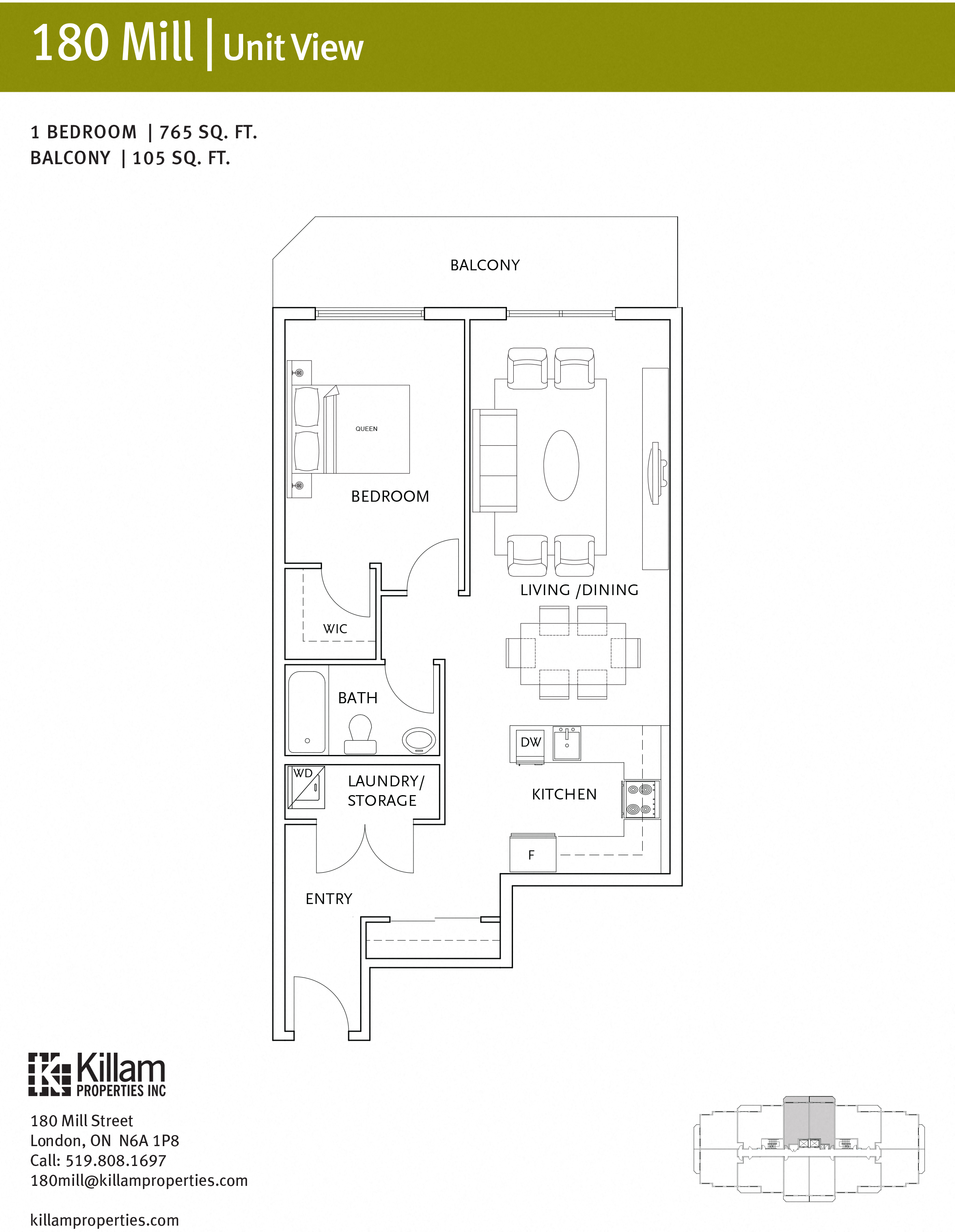 Floor plan for 1 bed, 1 bath, 765 sqft