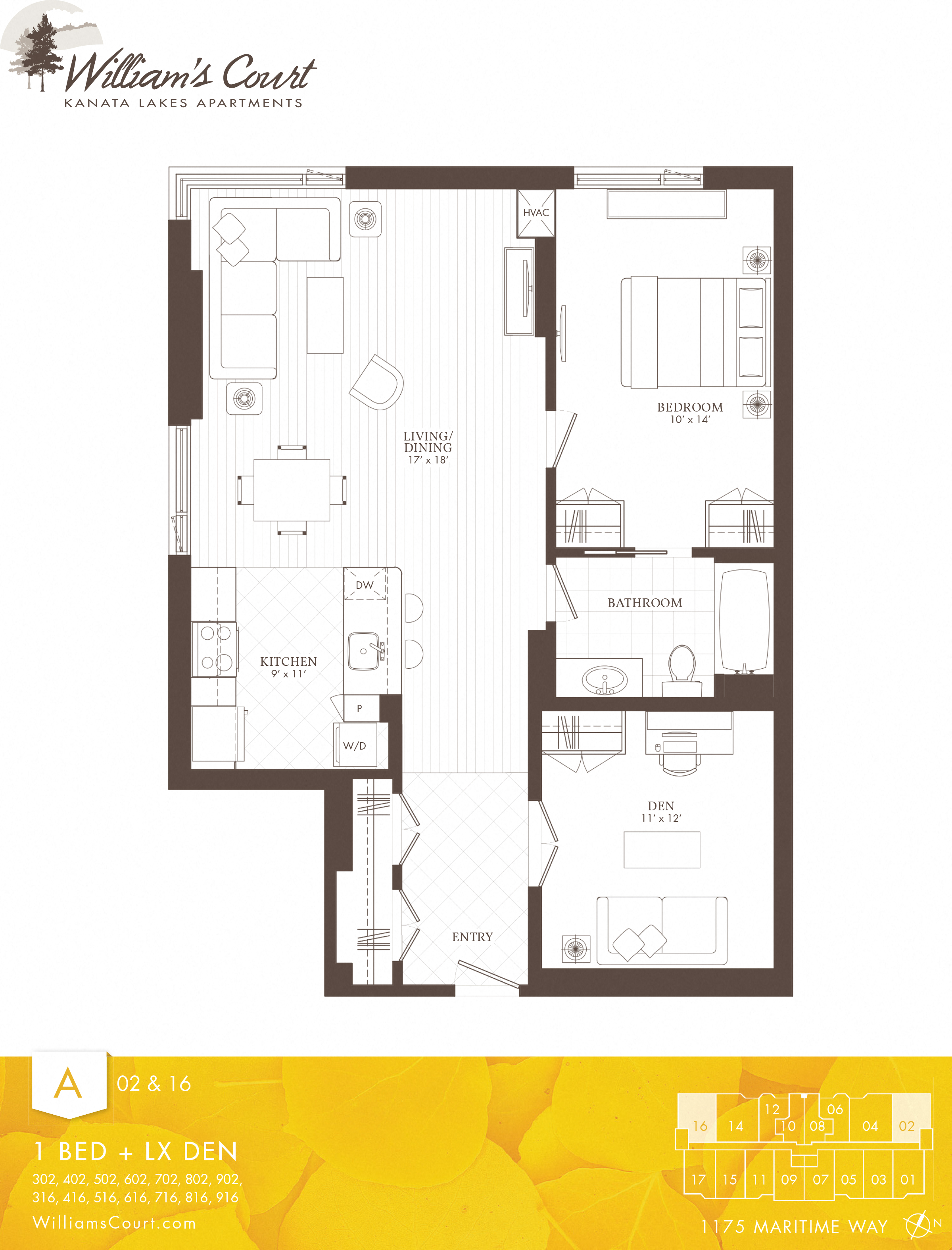 Floor plan for 1 bed, 1 bath, 1050 sqft