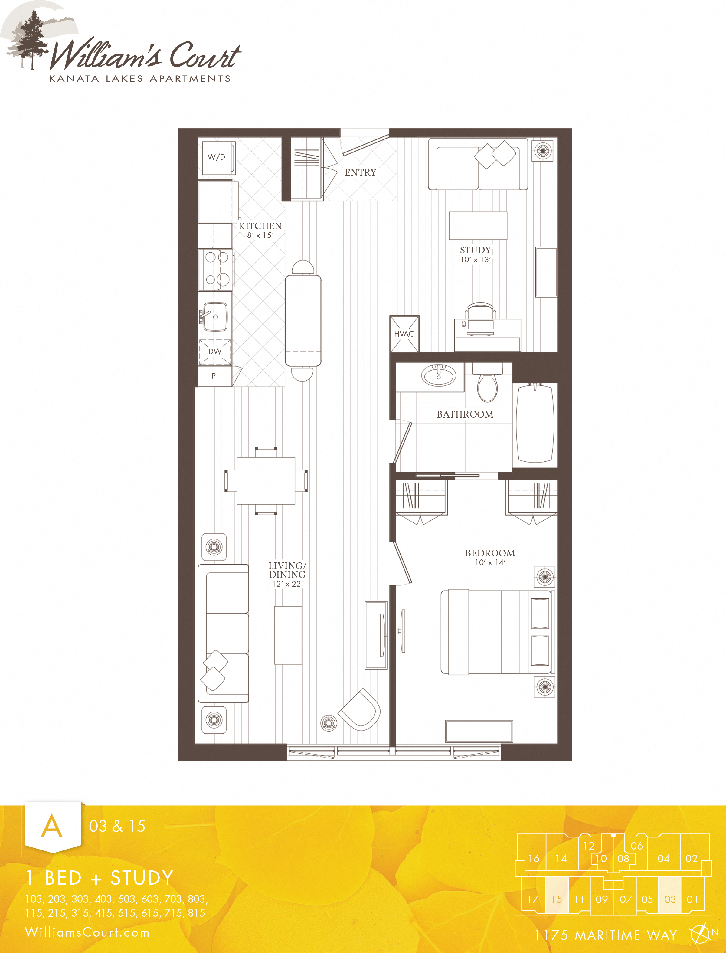 Floor plan for 1 bed, 1 bath, 890 sqft