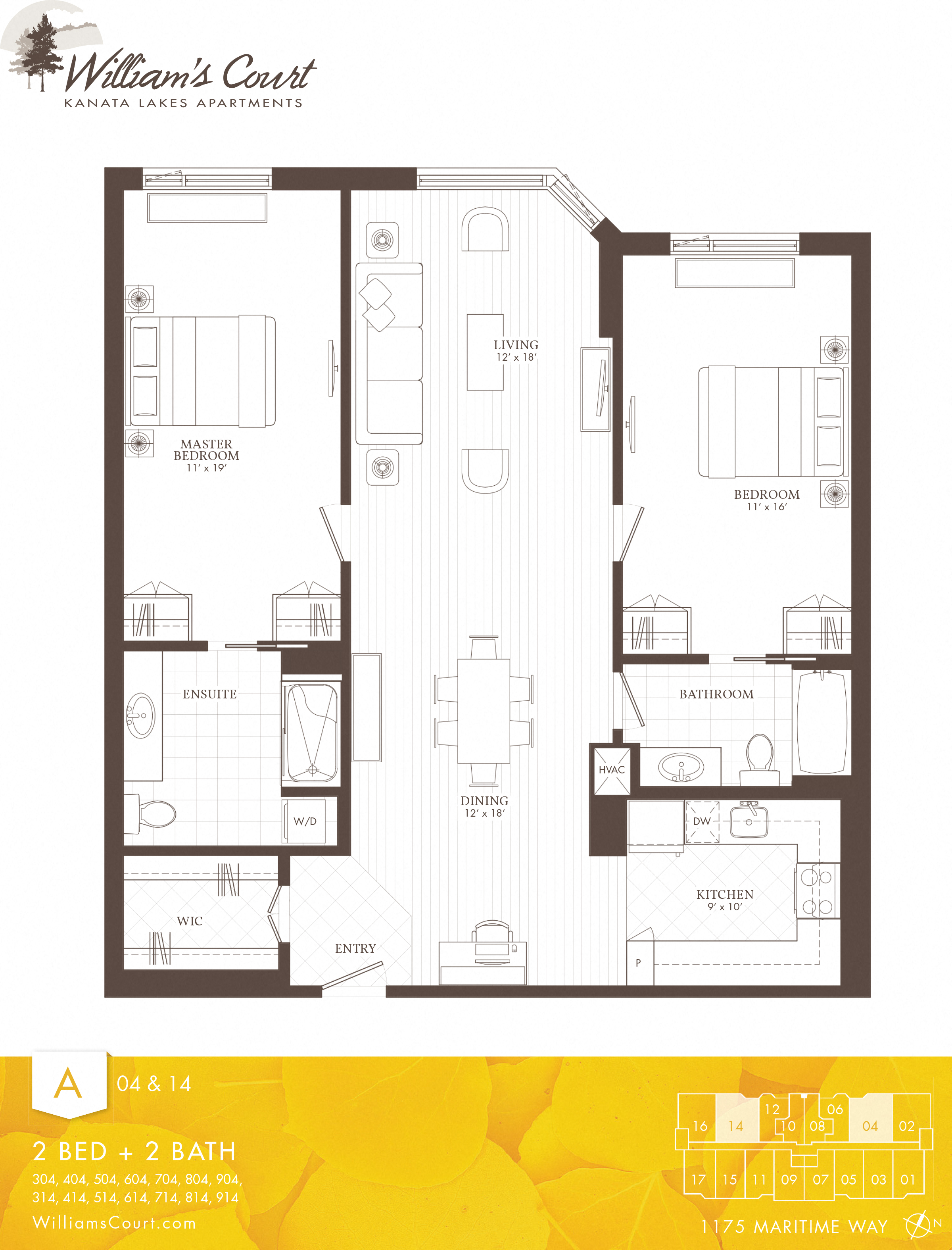 Floor plan for 2 beds, 2 baths, 1340 sqft