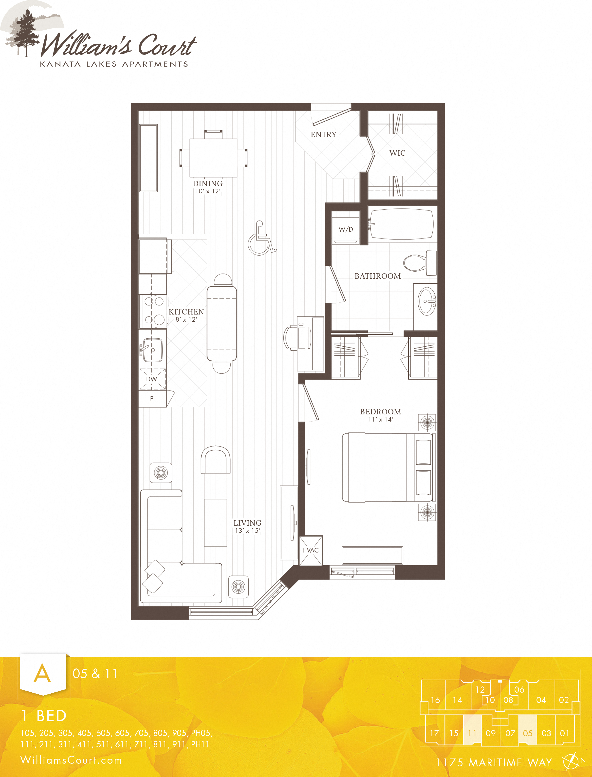 Floor plan for 1 bed, 1 bath, 740 sqft